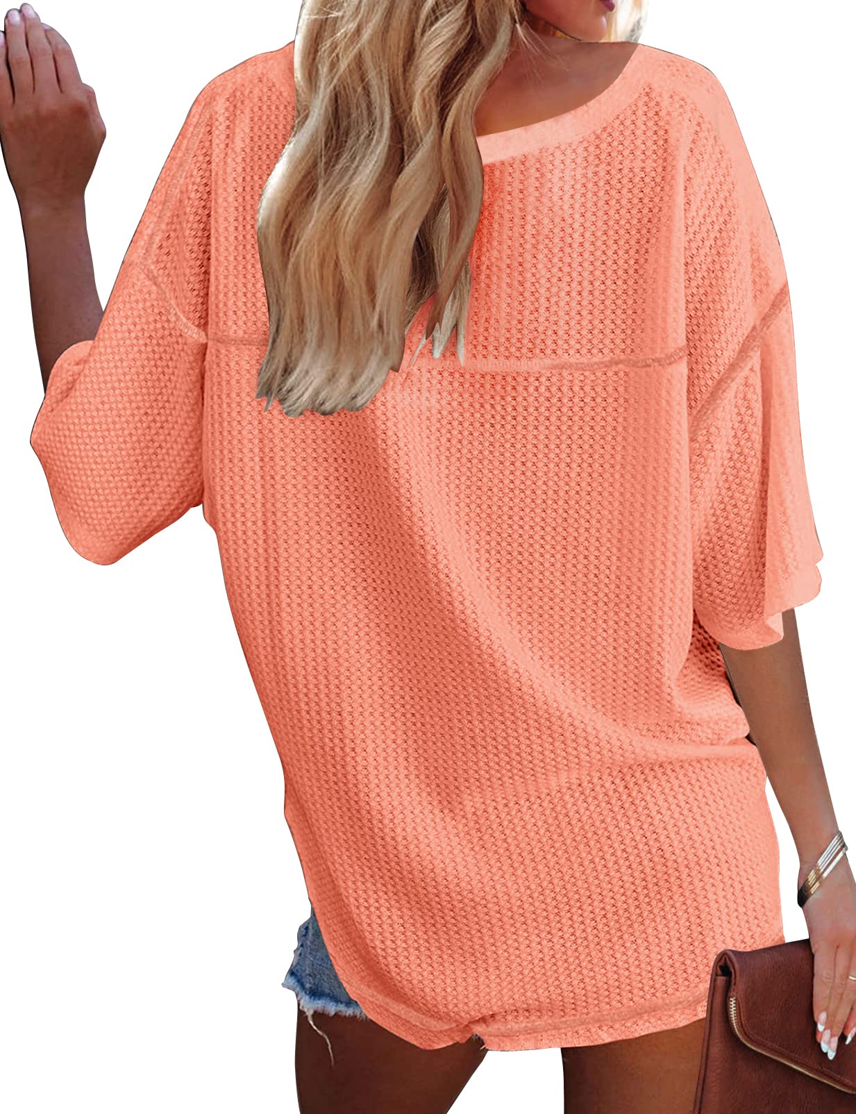 MEROKEETY Women's V Neck Batwing Half Sleeve Shirts - Soft Waffle Knit Loose Blouse, Solid Color Casual Tops for Women | Perfect for Work, Date Night & Everyday Wear
