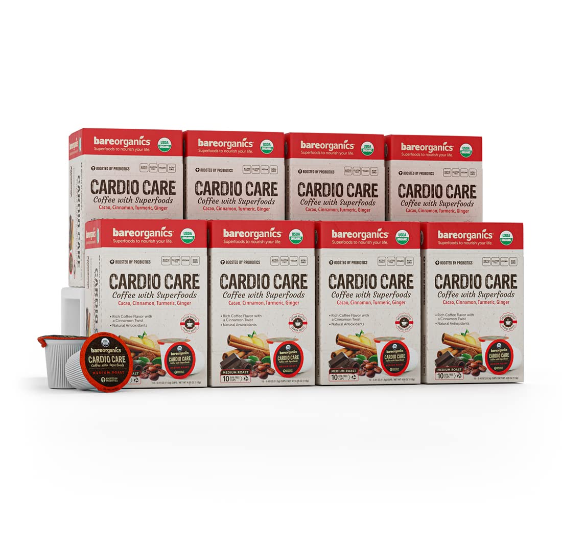 Bare Organics 15947 Cardio Care USDA Organic Coffee Pods - Keurig K-Cup Compatible, Superfood & Probiotic Infused, Vegan, Gluten Free (80 Count Bulk Pack) - Perfect for Heart Health & Morning Energy Boost