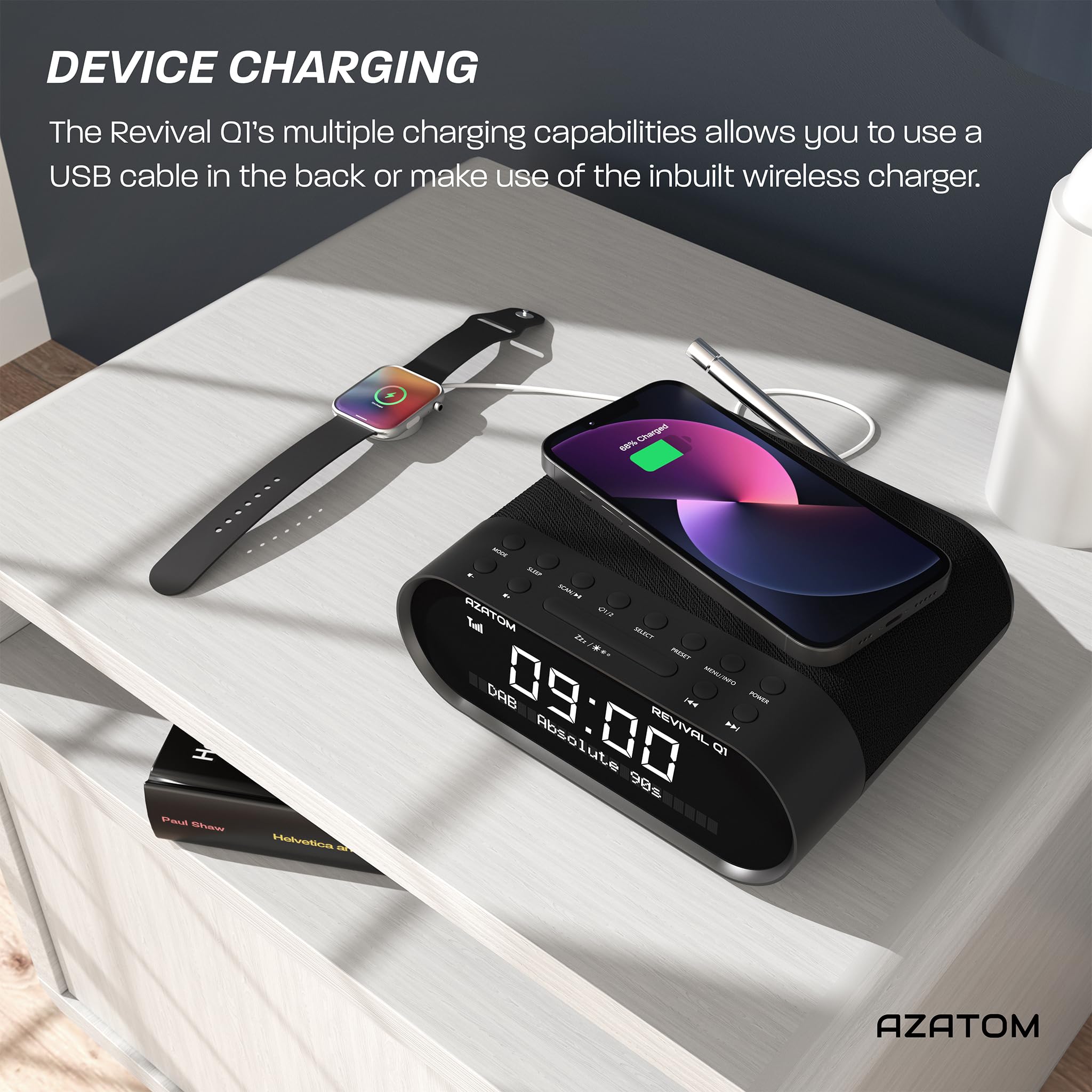 AZATOM Revival Q1 Black DAB+ Digital FM Clock Radio with Bluetooth, Wireless Charging & Dual Alarm - Bedside Alarm Clock with Sleep Timer, USB Port, AUX & Headphone Jack for Home, Office & Travel Use