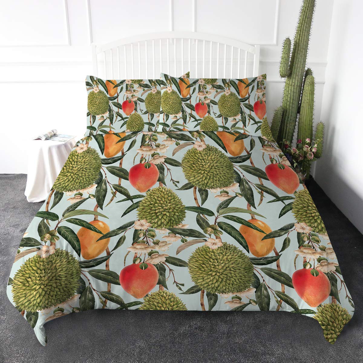 ARIGHTEX 3D Tropical Fruit Duvet Cover Set - Watercolor Flowers & Leaves Design with Durian, Mango & Peach Patterns - 3 Piece King Size Bedding Set for Summer Home Decor, Guest Room & Tropical Themed Bedrooms