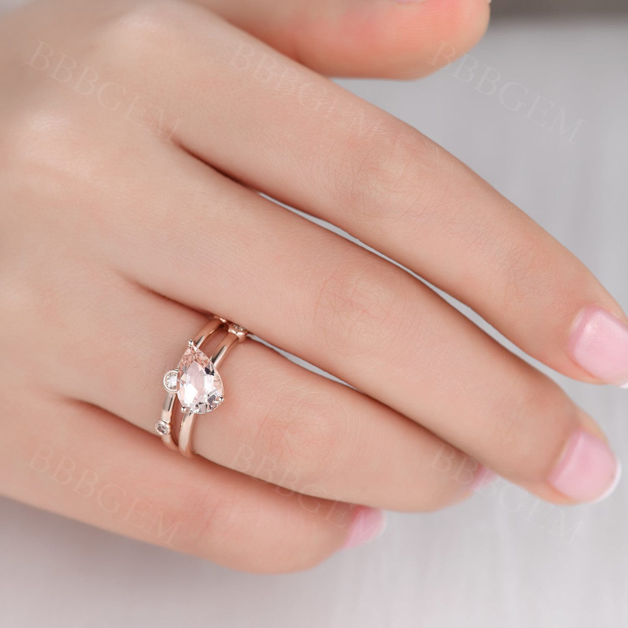 6x9mm Pear Shaped Morganite Engagement Ring Set with Coffee Diamond Accents - Perfect for Wedding Proposals, Anniversary Gifts & Special Occasions