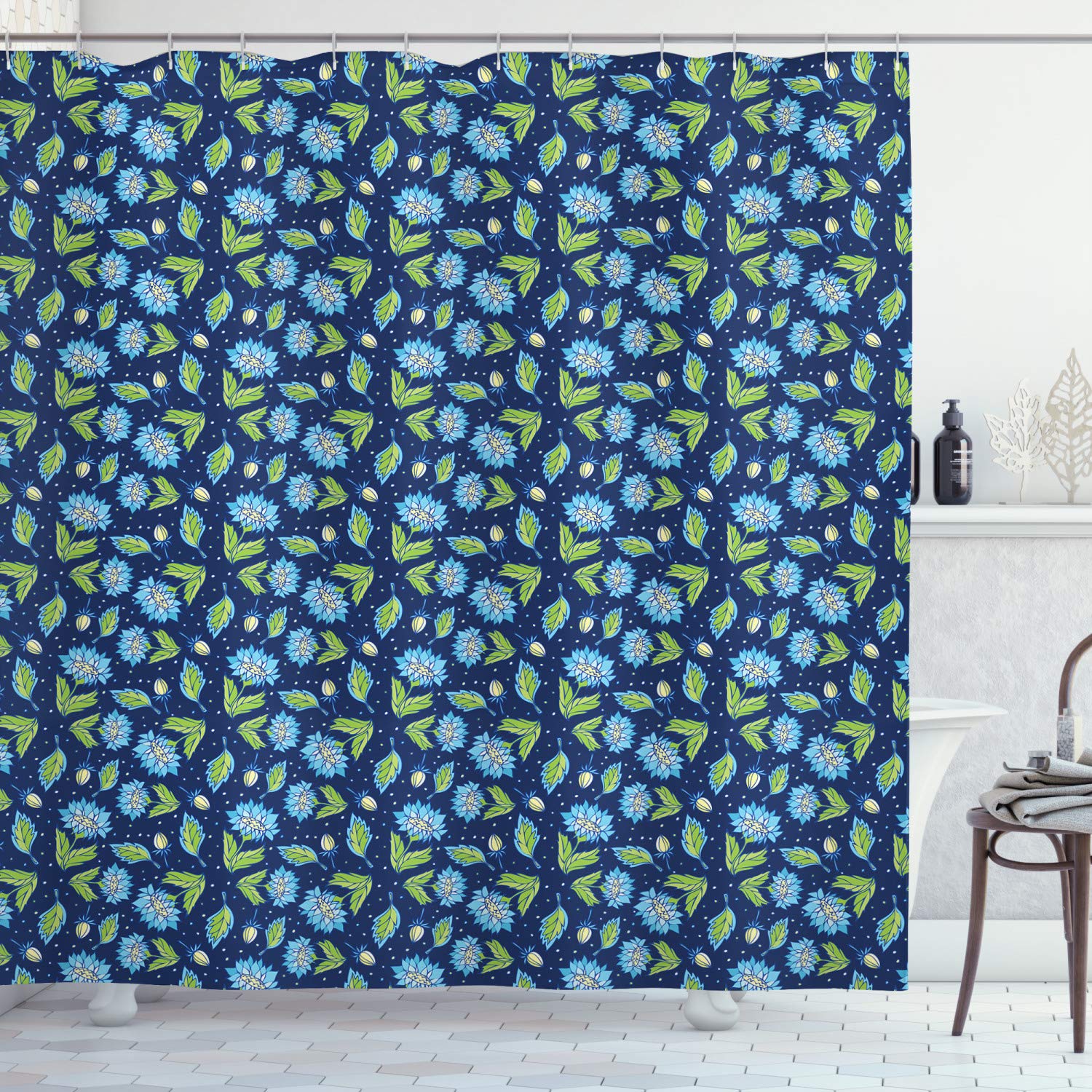 Ambesonne Floral Shower Curtain - Abstract Night Garden Design with Dotted Background, Waterproof Fabric Bathroom Decor Set with Hooks, 69