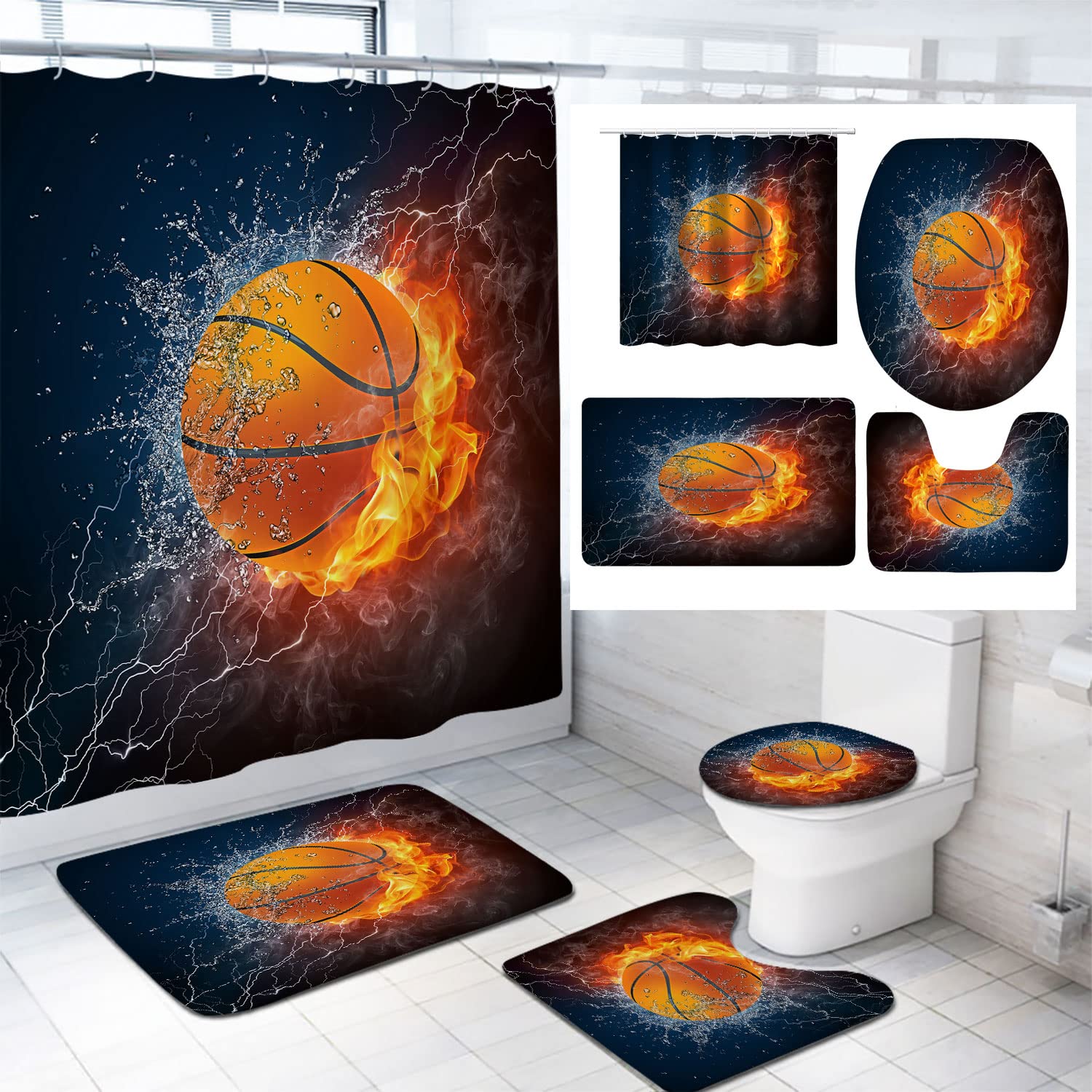 Basketball Shower Curtain Set with Non-Slip Bath Rugs - 72x72 Inch Sports Theme Bathroom Decor for Kids & Teens - Perfect for Basketball Lovers' Bathroom, Game Room, or Dorm Decor