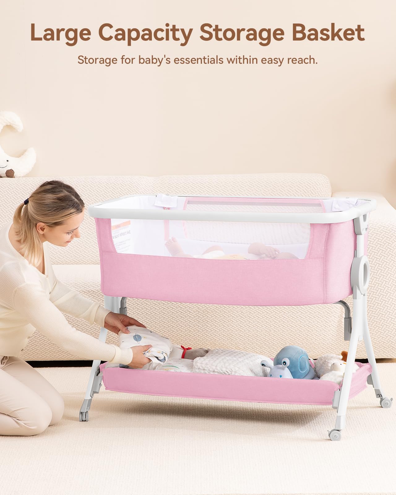 Larex Adjustable Baby Bassinet Bedside Sleeper - Portable Crib with Storage Basket & Wheels for Newborns & Infants - Easy Fold Assembly (Pink) | Perfect for Nursery, Bedroom & Travel Use