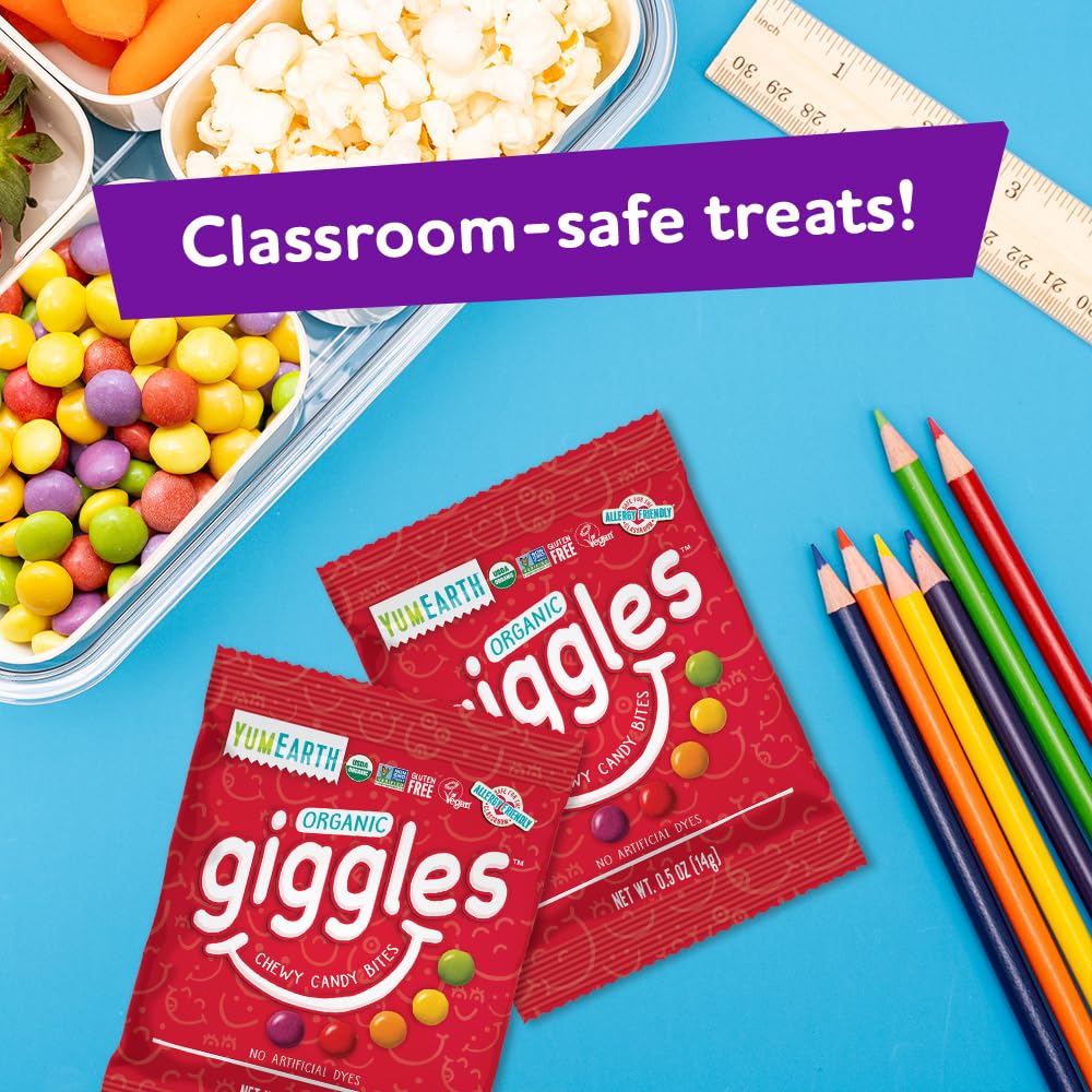 YumEarth Organic Giggles Chewy Candy - Allergy Friendly, Vegan, Non-GMO, Gluten Free Fruit Snacks with No Artificial Dyes or Flavors - 0.5oz (120 Pack) - Perfect for School Lunches, Birthday Parties & Healthy Treats