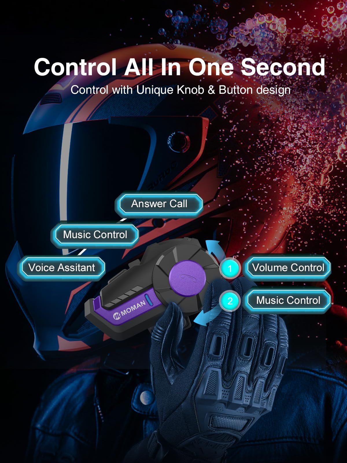 Moman H2Pro Wireless Motorcycle Helmet Headset - 1 Pack Purple, Bluetooth Helmet Communication System with Voice Assistant, Music Sharing & FM Radio, IP65 Waterproof, DSP & CVC Noise Cancellation - Perfect for Motorcycle Riders, Group Riding, Touring & Adventure Trips
