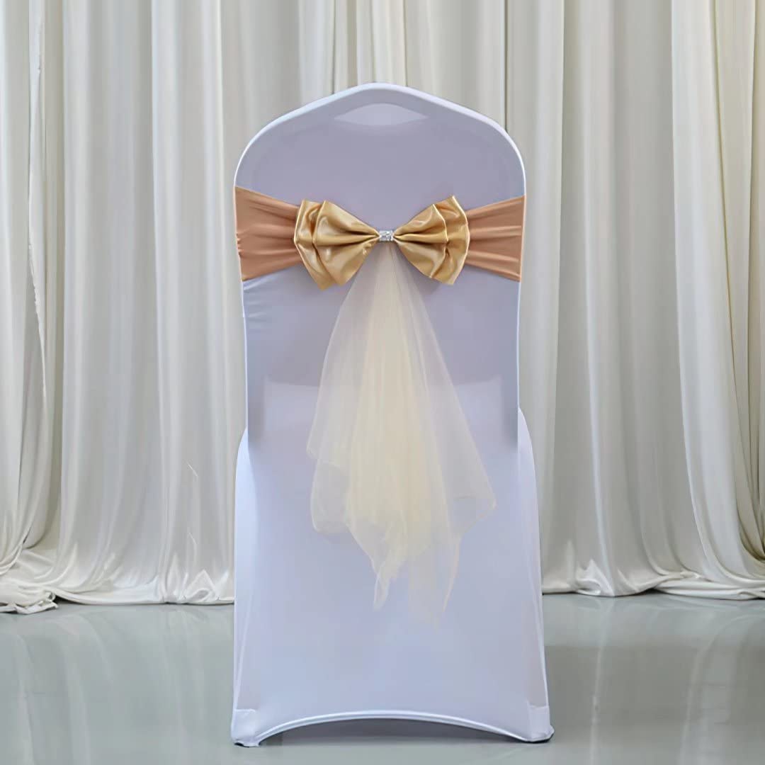 100Pcs Champagne Spandex Wedding Chair Sashes with Bows - Elegant Chair Bands & Streamers for Wedding Decorations, Banquet, Hotel Events & Party Reception - Perfect for Romantic Ceremonies and Special Occasions