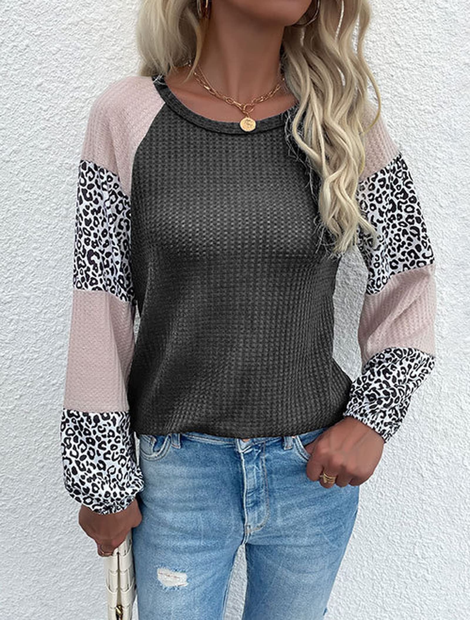 Women's Leopard Print Waffle Knit Sweatshirt - Crew Neck Long Sleeve Pullover with Plaid Patchwork & Puff Sleeve Detail | Cute Casual Sweater for Fall Outfits, Coffee Dates & Weekend Errands
