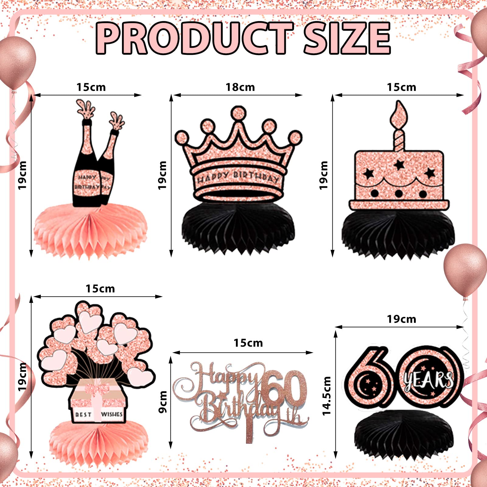 60th Birthday Decorations Rose Gold - 10PCs Honeycomb Centerpieces for Party Tables & Cake Toppers - Perfect for Women's 60 Year Celebration