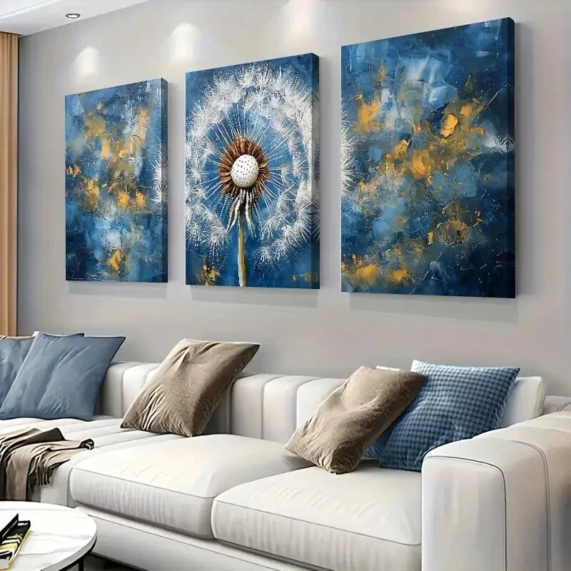 3-Piece Abstract Blue and Golden Dandelion Wall Art Set - Framed Canvas Prints 40x60cm (16x24in) - High Quality Australian Made Ready-to-Hang Home Decor for Living Room, Bedroom & Office