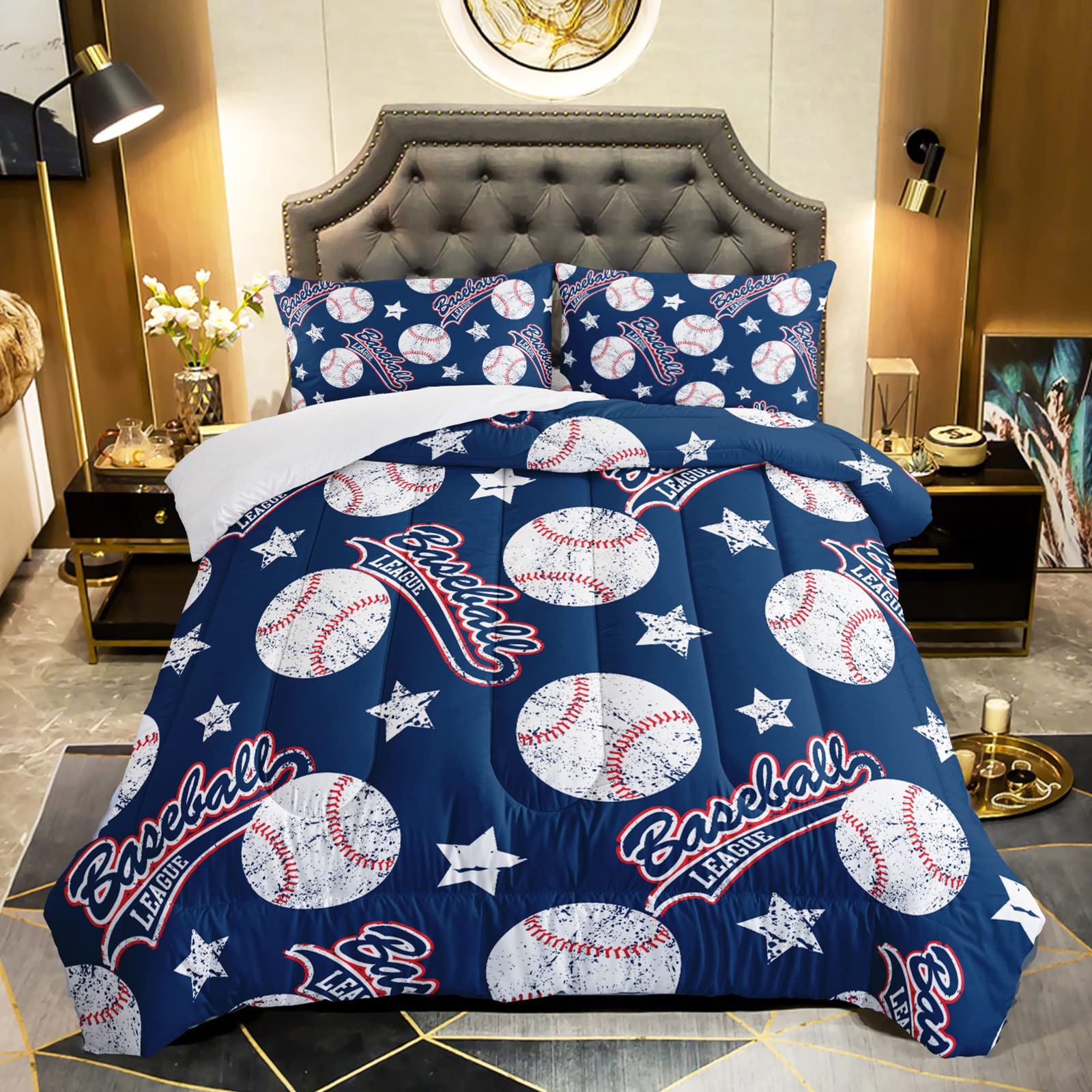 QOOMO 3D Baseball Comforter Set Full Size - Blue Sports Themed Kids Bedding with 2 Pillowcases | Down Alternative, Soft & Lightweight All-Season Bedding | Perfect for Boys' Rooms, Baseball Fans & Sports Themed Decor