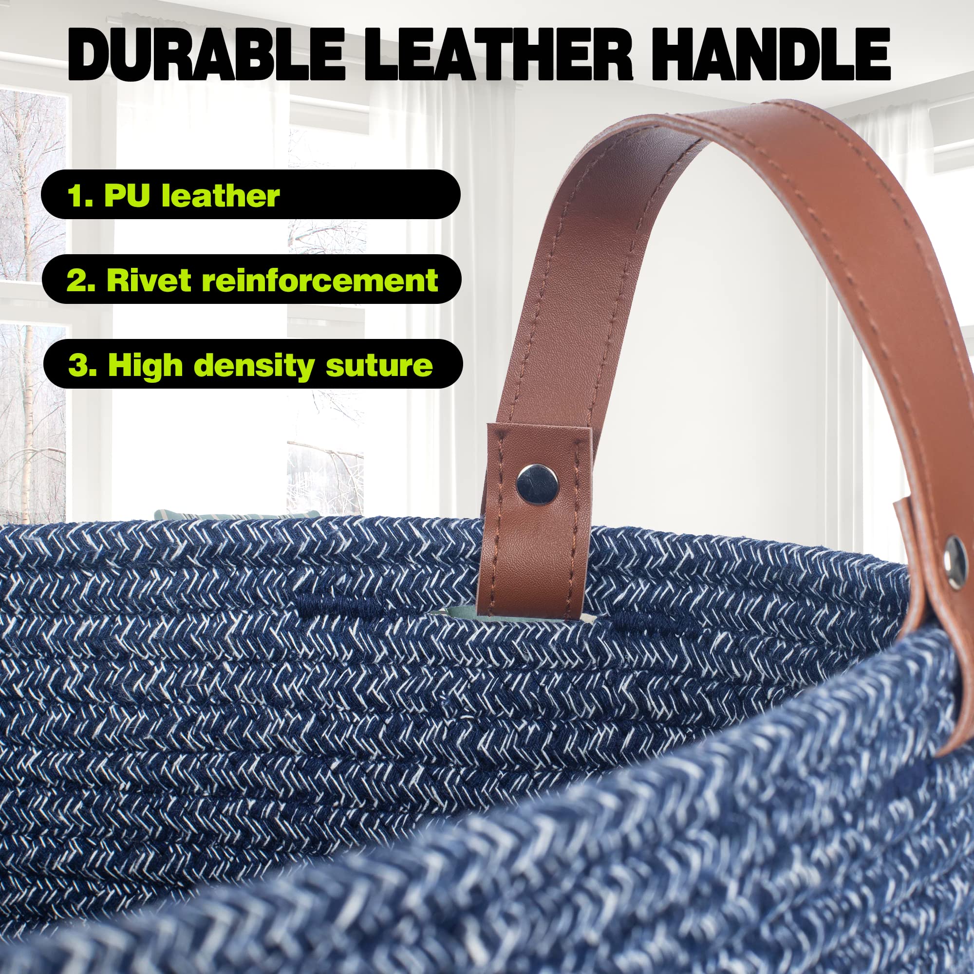 Twira Extra Large 20x16 Inches Cotton Rope Storage Basket with Leather Handle - Woven Baby Laundry, Blanket & Toy Organizer - Perfect for Nursery, Yoga Mat & Towel Storage (Black Stripes)