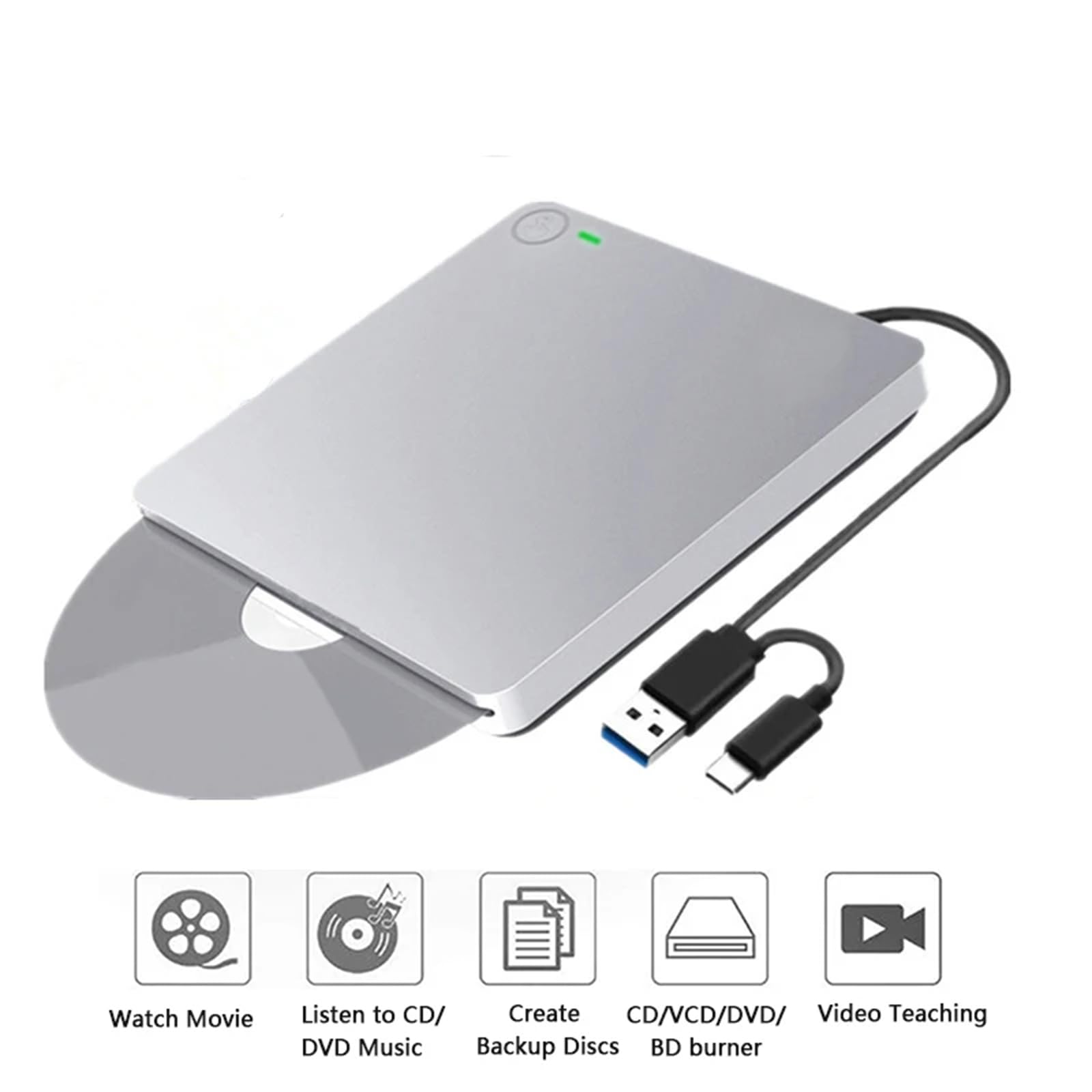 NQYZZFD External Blu Ray DVD Drive Burner - USB 3.0 & Type-C BD/CD/DVD RW Optical Drive for Laptop, Mac, PC, MacBook Pro/Air - Compatible with Windows & macOS | Perfect for Movie Watching, Data Backup & Disc Burning