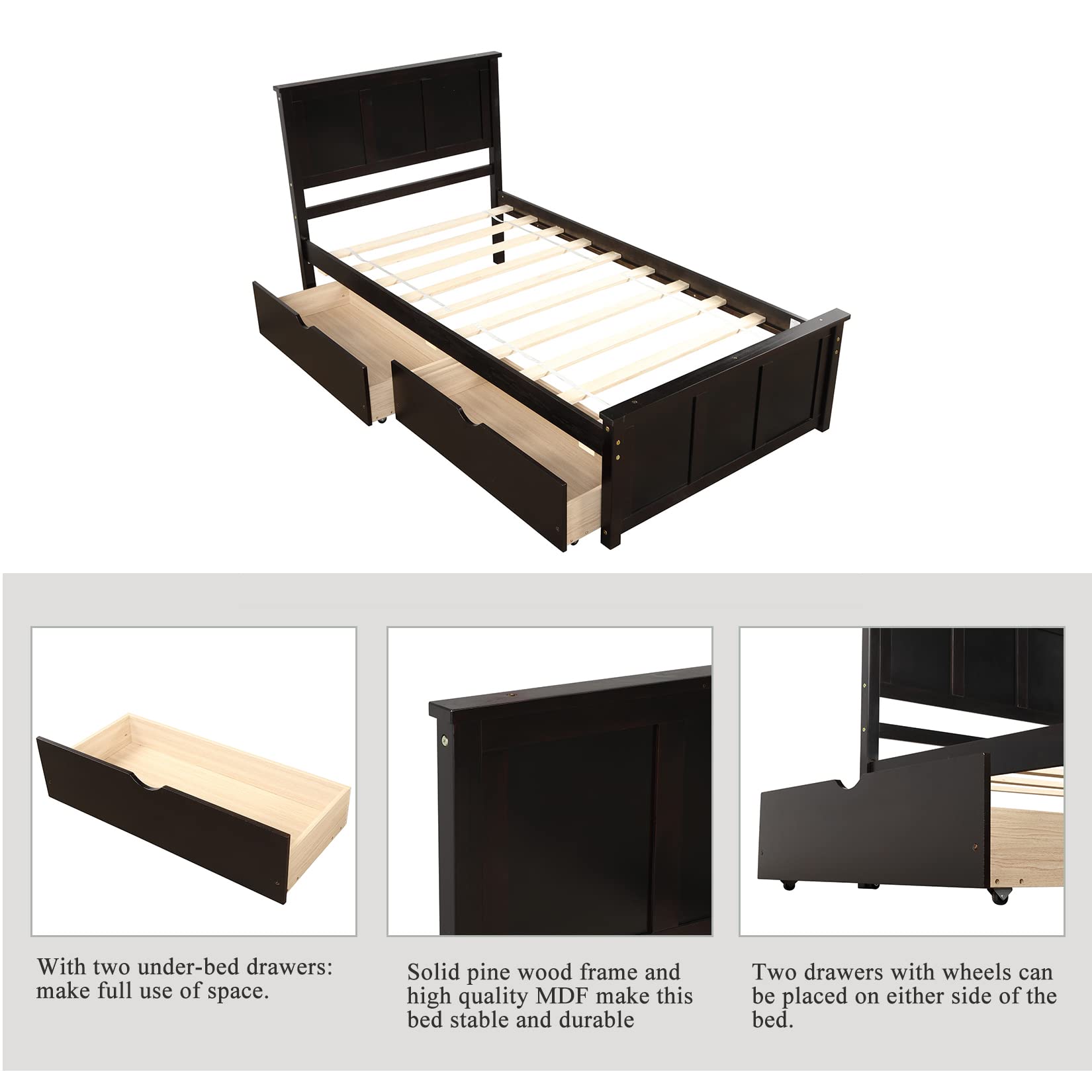 Twin Size Wooden Platform Bed Frame with Headboard, Footboard & Storage Drawers - Espresso Finish for Kids, Teens, Boys & Girls - Perfect for Small Bedrooms, Guest Rooms & Dormitories