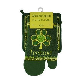 Shamrock Spiral Oven Mitt & Pot Holder Set - Heat Resistant Kitchen Gloves for Baking, Cooking & Grilling - Perfect for St. Patrick's Day & Irish-Themed Kitchen Decor