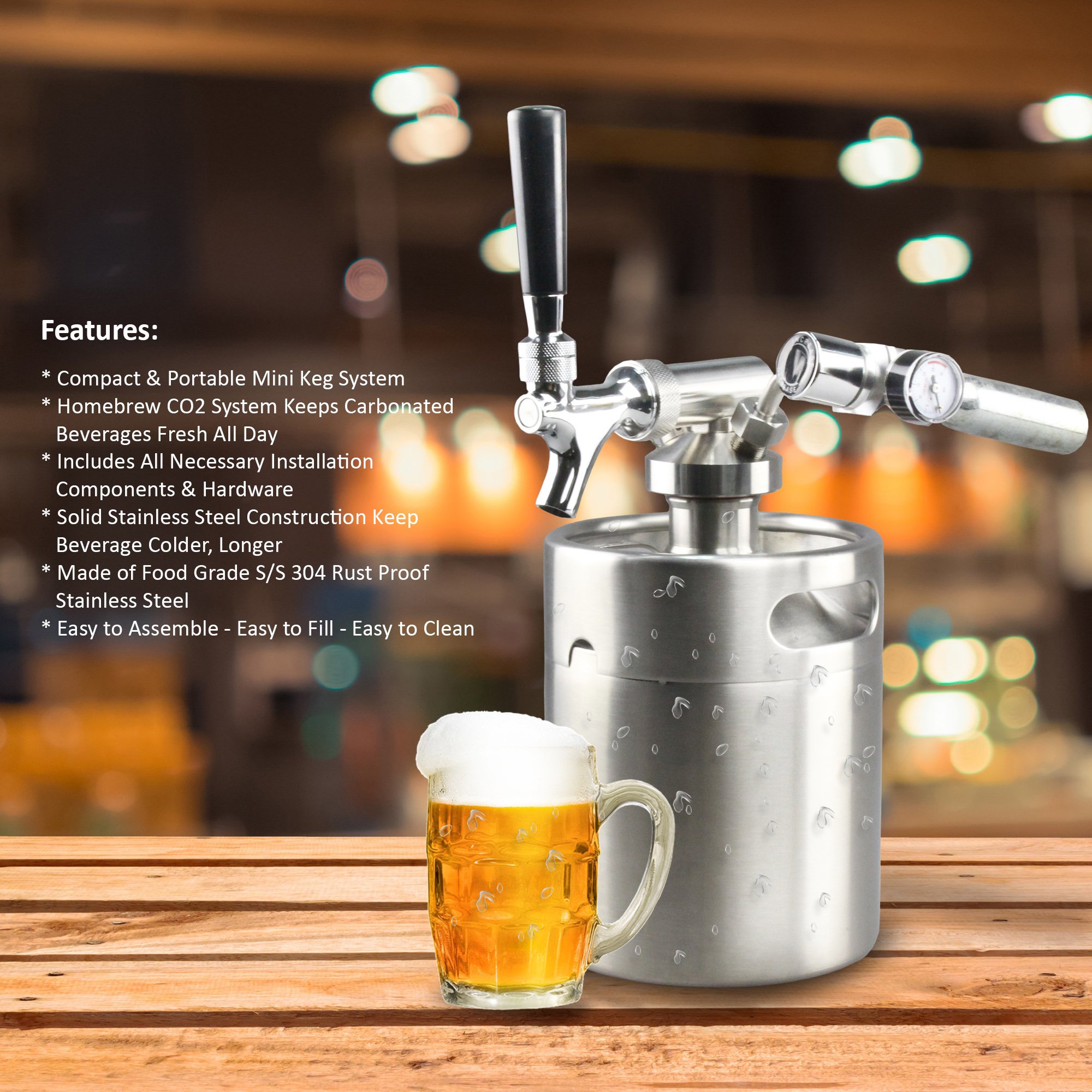NutriChef Pressurized Growler Tap System - 64oz Stainless Steel Mini Keg Dispenser with CO2 Pressure Regulator - Portable Kegerator Kit for Craft Beer, Draft & Homebrew - Perfect for Parties, Camping & Home Bars