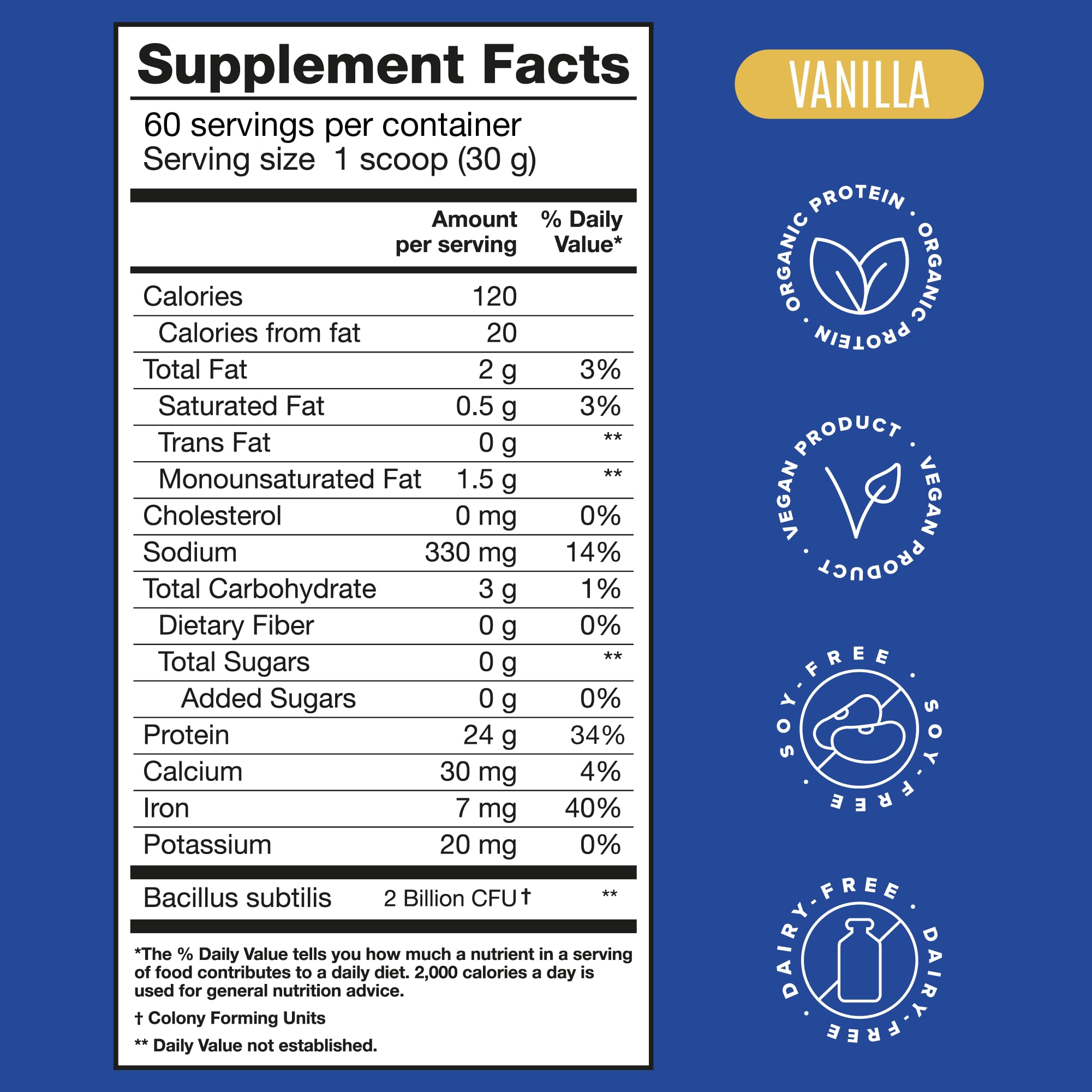 Organic Vegan Protein Powder - Plant Based, Stevia & Sugar Free, Low Carb, Dairy Free, Keto Friendly, Non-Whey with Probiotics | Pea Protein Vanilla Flavor (60 Servings, 3.9 lb) for Post-Workout Recovery & Healthy Lifestyle