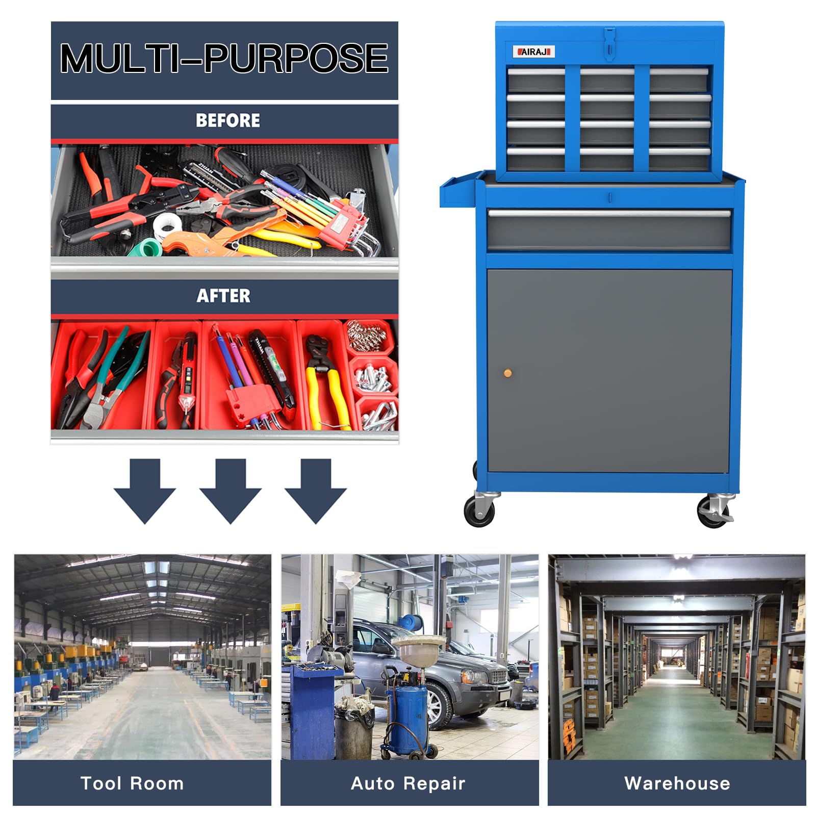 7-Drawer Rolling Tool Chest with Wheels, Locking System & Hooks - Heavy Duty Mobile Tool Storage Cabinet for Garage, Workshop & Auto Repair Shop - Blue Tool Box Organizer for Mechanics & DIY Projects