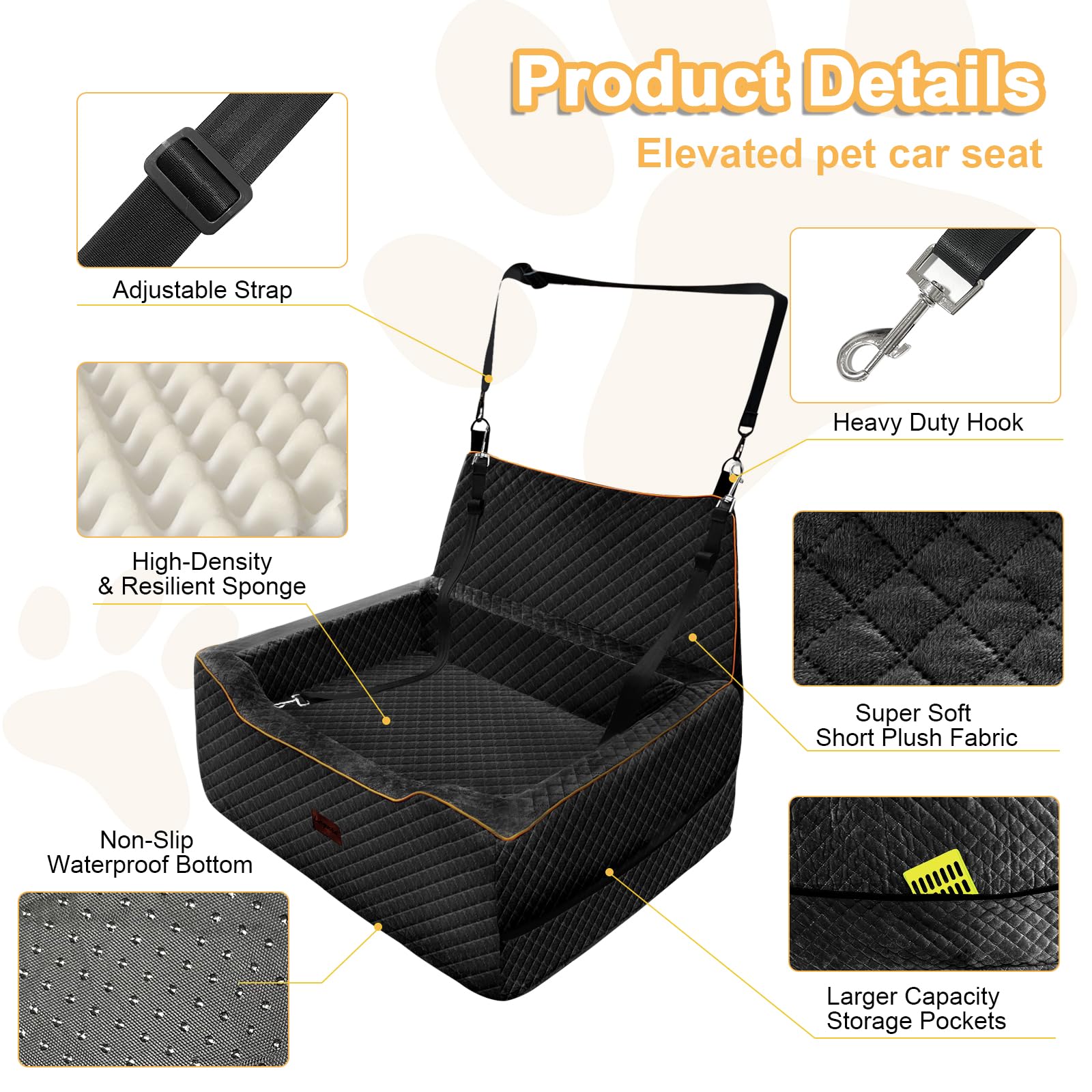 Premium Dog Car Seat for Large & Medium Dogs - Washable Booster Seat with Storage Pockets | Travel Safety Pet Bed for Dogs Under 60Lbs (Black) | Perfect for Road Trips, Daily Commutes & Vet Visits