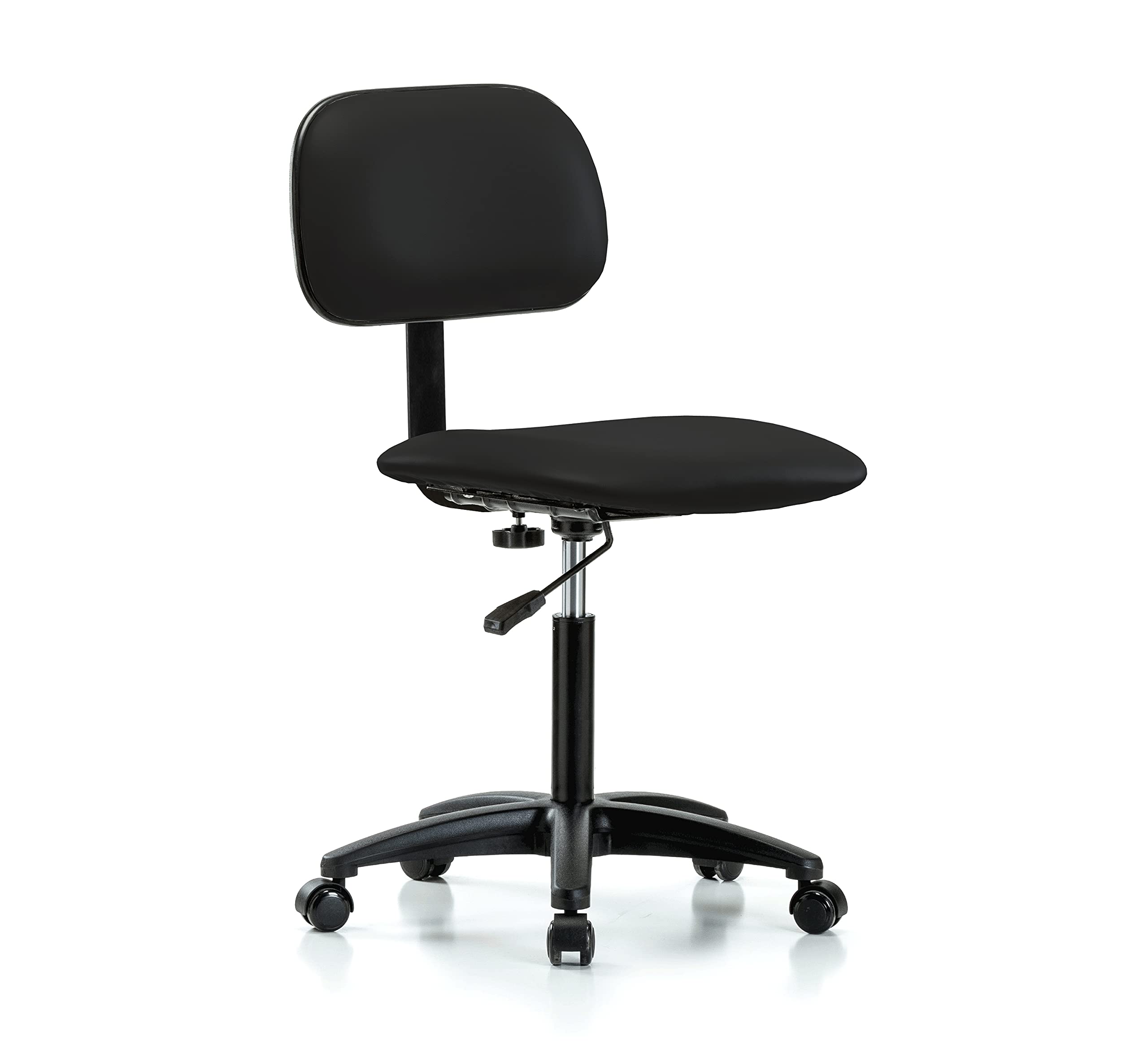 Adjustable Rolling Lab Chair with Basic Backrest - Black Vinyl Stool for Workbench Height, Perfect for Hardwood or Tile Floors - Ideal for Laboratories, Workshops, and Home Offices