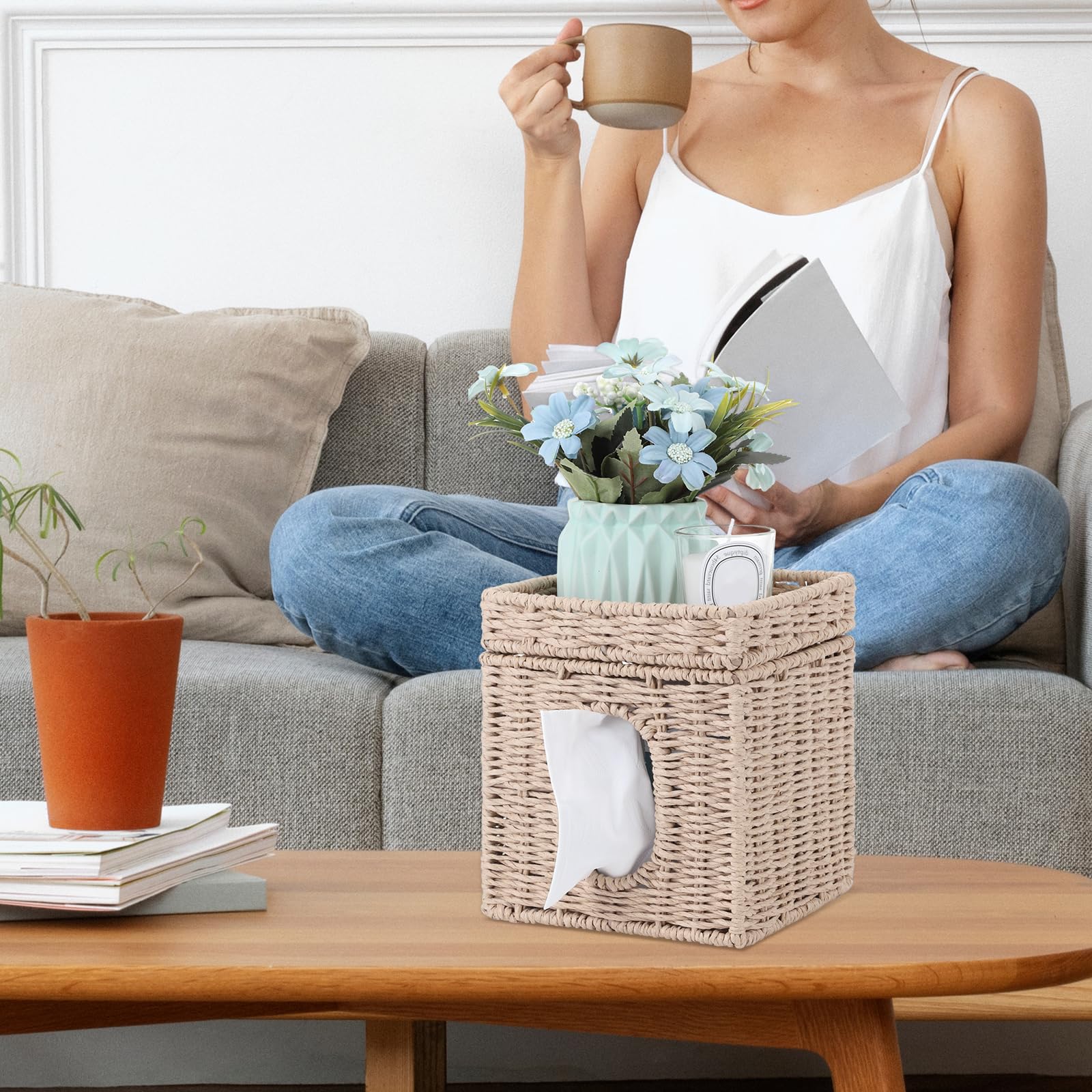 Premium Woven Tissue Box Cover with Storage Tray - 6