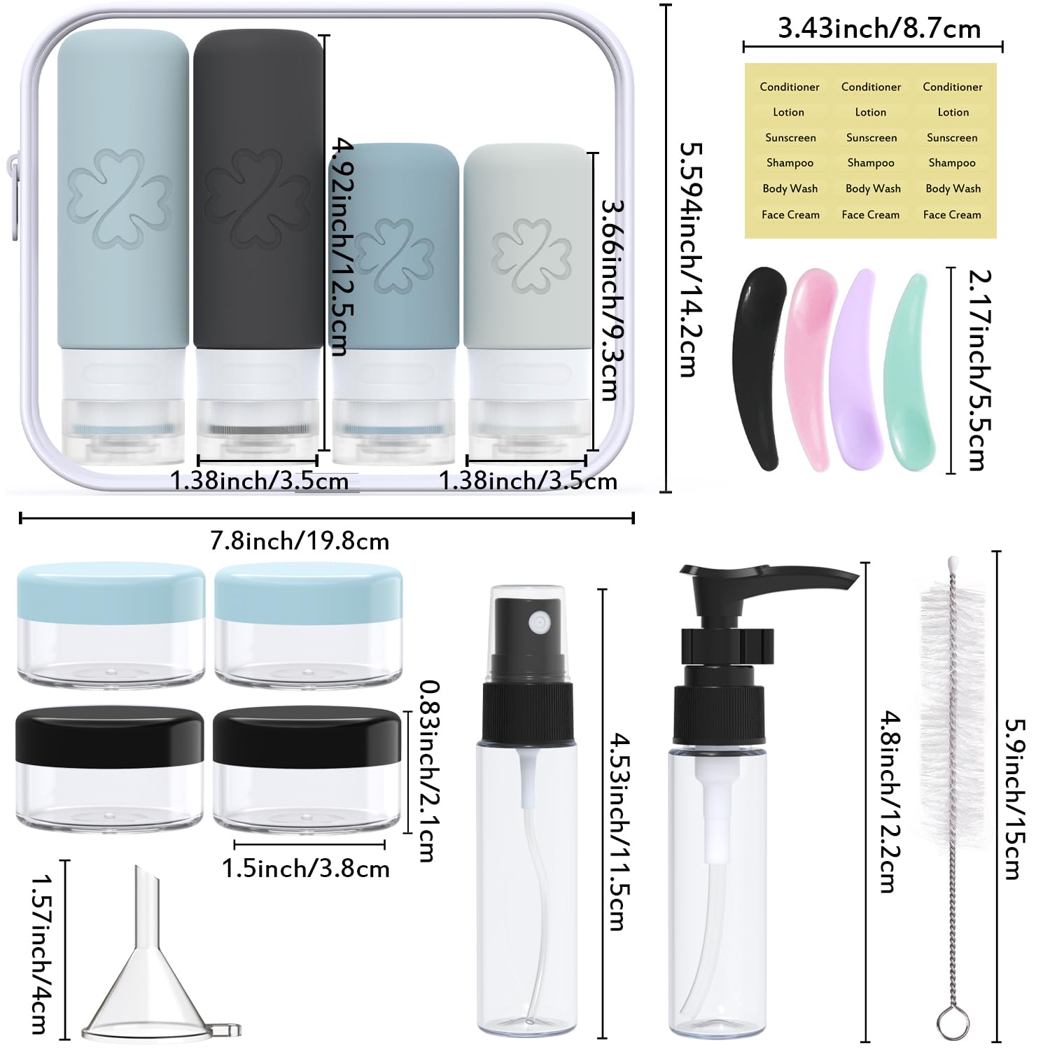 GLAMFIELDS 18 Pack TSA Approved Leak Proof Travel Bottles for Shampoo, Conditioner & Lotion | Silicone Refillable Toiletry Containers | Perfect for Air Travel, Gym & Vacation Essentials (Multicolor)