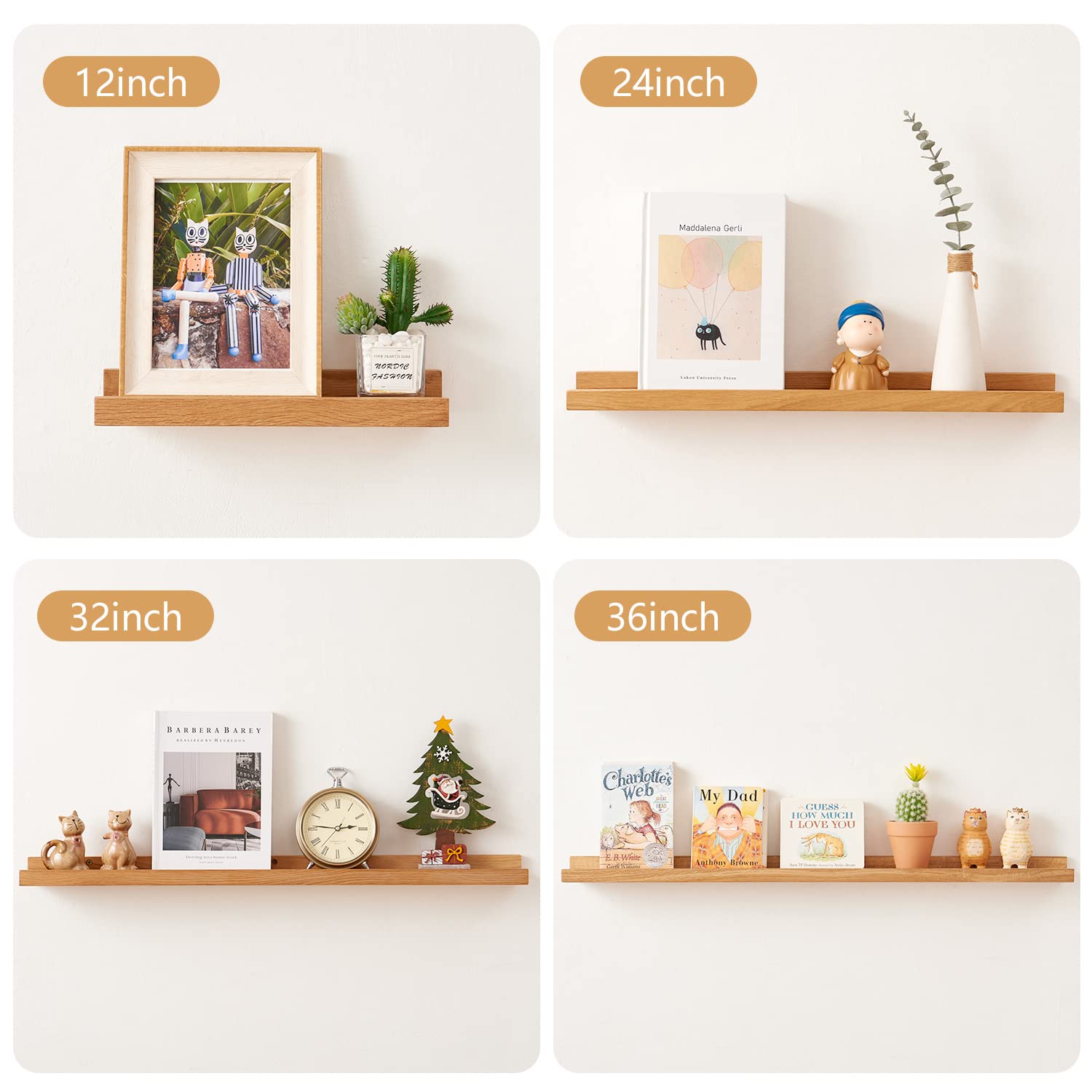 Natural Oak Wood Floating Shelves - 12 Inch Wall Shelf with 6