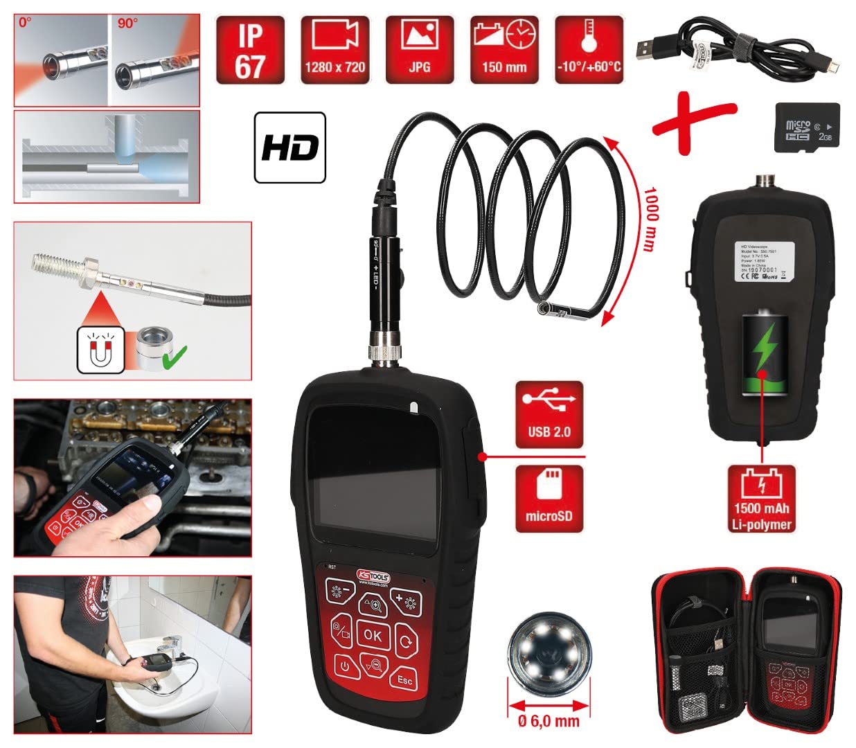 KS Tools - 550.7500 - HD Video Inspection Kit with 6.0mm Diameter 0° & 90° Swivel Camera - 5-Piece Set - Perfect for Automotive, Plumbing & HVAC Inspections