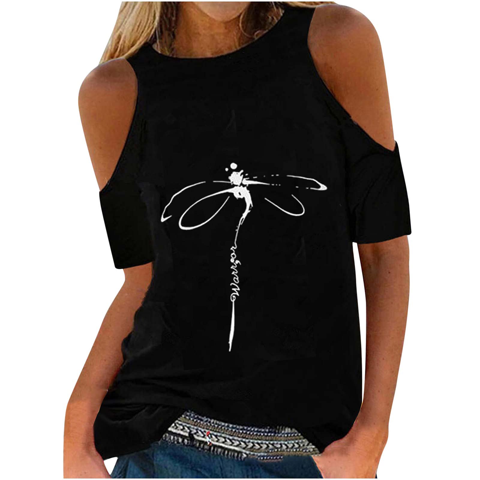 Women's Summer Cold Shoulder Short Sleeve T-Shirt - Fashion Crewneck Loose Fit Casual Top with Dragonfly Print | Perfect for Beach Outings, Vacation Wear & Everyday Comfort