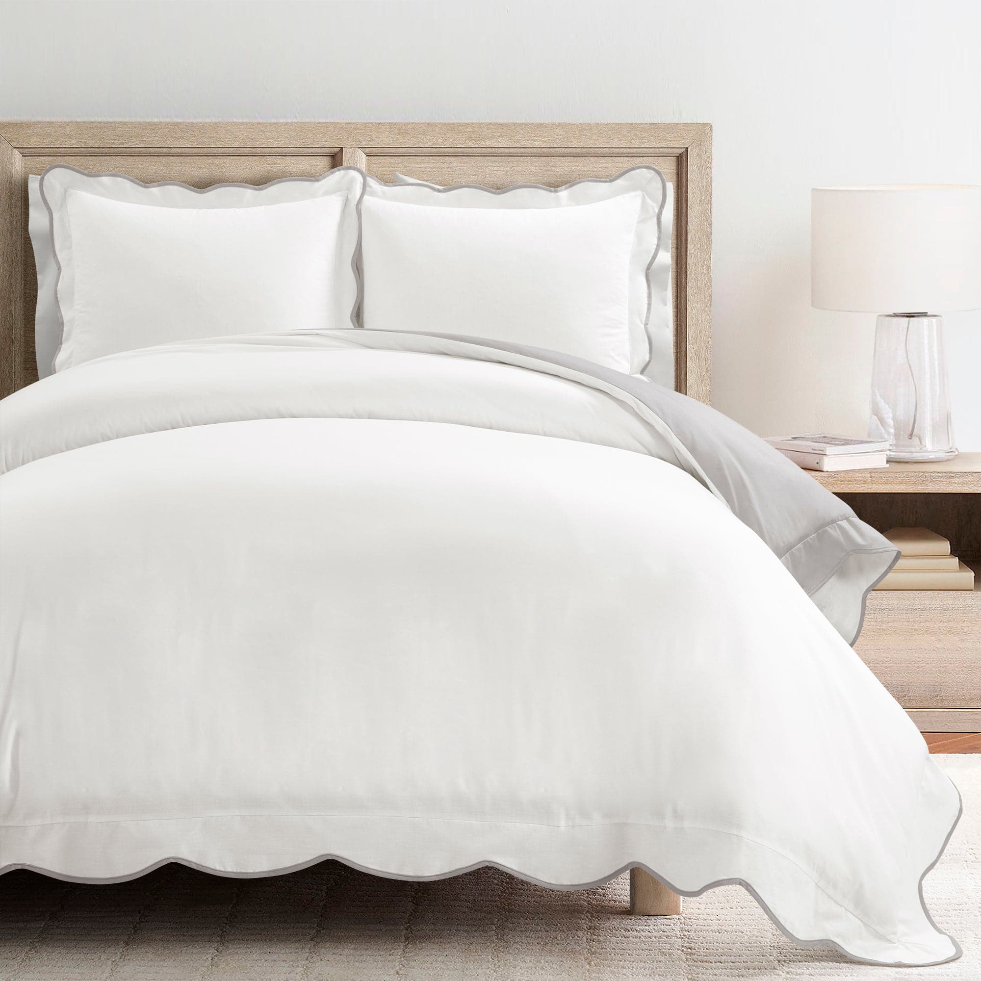 Coastal Chic Scalloped Edge 100% Cotton Reversible Duvet Cover Set - Breathable Soft Bedding for Beach House & Boho Bedroom Decor