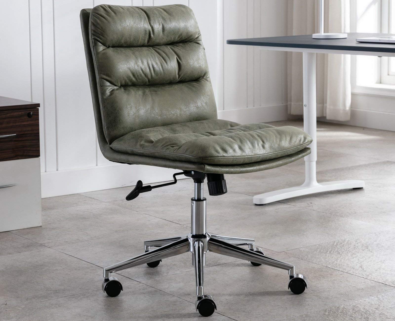 Wahson Comfortable Home Office Chair with Wheels - Mid Century Faux Leather Swivel Desk Chair, Armless Ergonomic Design in Green | Perfect for Small Spaces, Study Rooms & Modern Workspaces