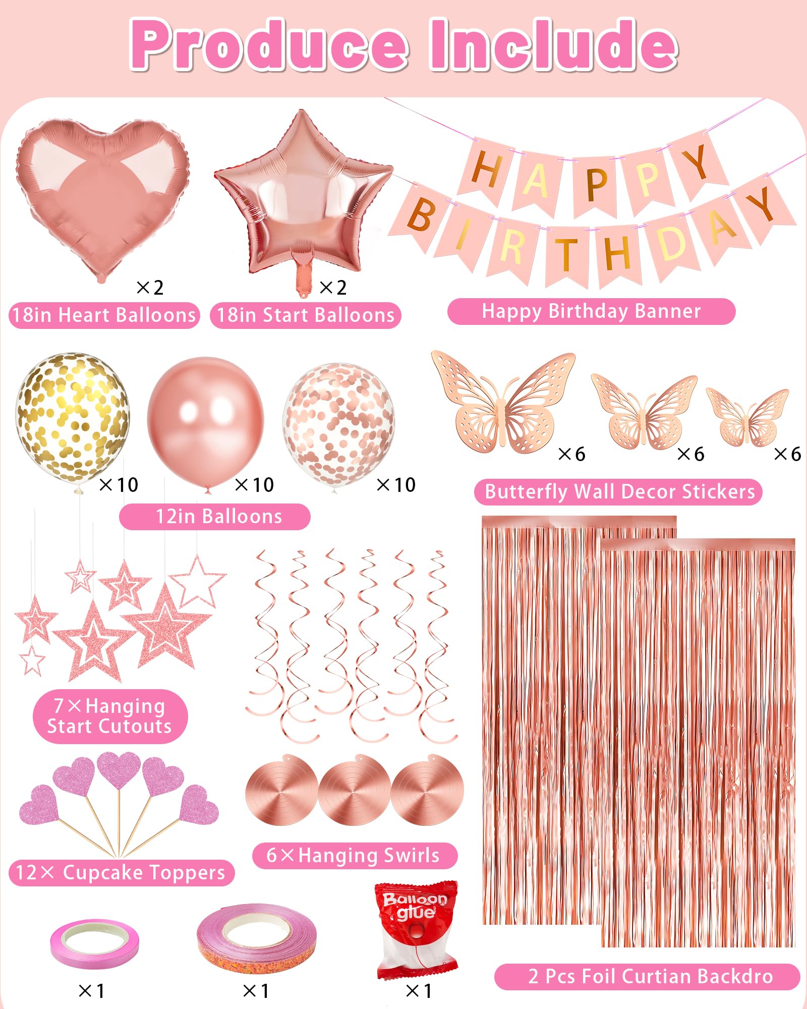 Rose Gold Happy Birthday Party Decorations Set - Birthday Banner, Foil Heart Star Confetti, Balloons, Backdrop & Hanging Swirls for Girls, Women, Princess | Perfect for Birthday Parties, Baby Showers, Bridal Showers & Special Celebrations