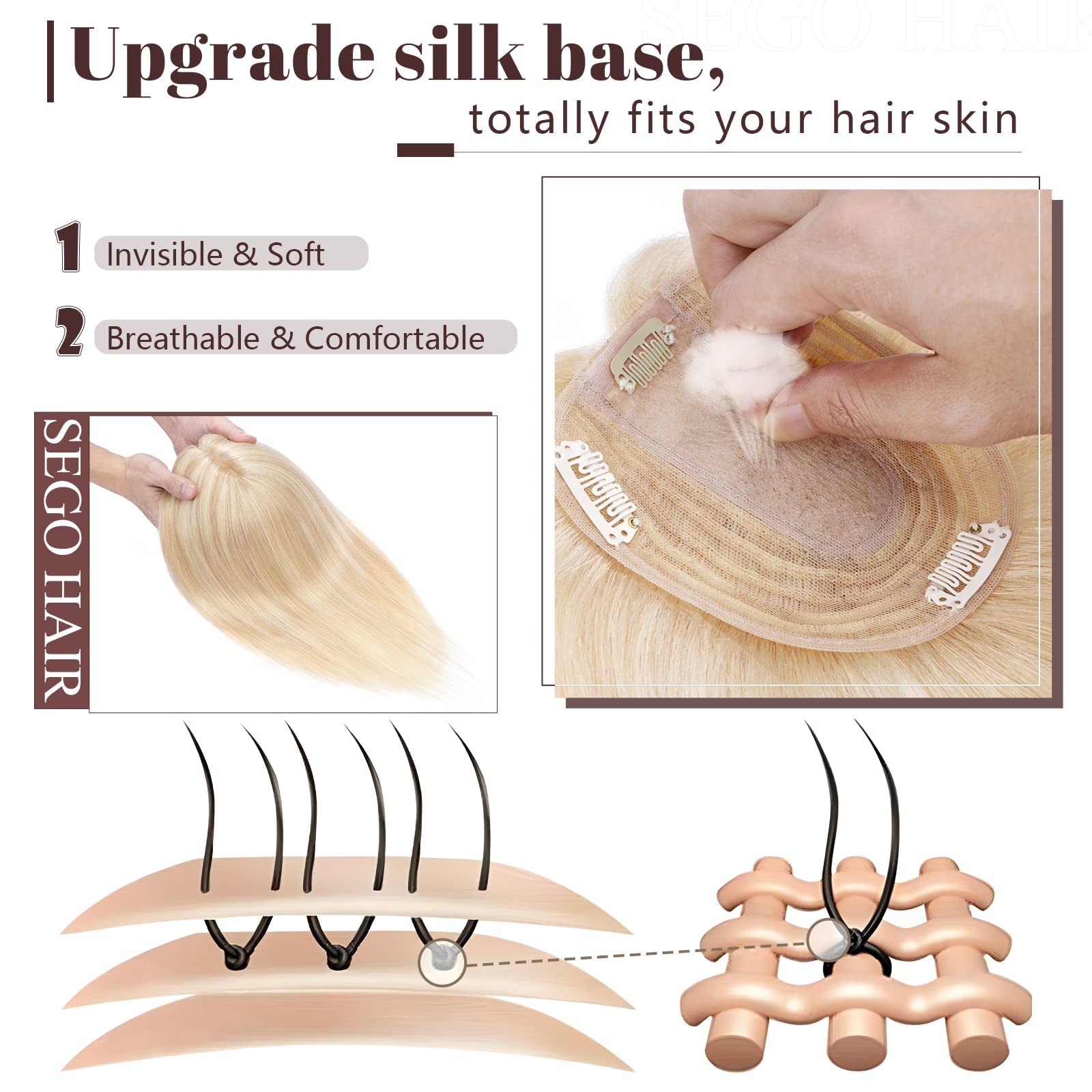 SEGO 12 Inch Real Human Hair Topper for Women - 120% Density Silk Base Hairpiece for Thinning Hair, Hair Loss & Gray Coverage - Ash Blonde & Bleach Blonde | Perfect for Daily Wear, Special Occasions & Hair Volume Enhancement
