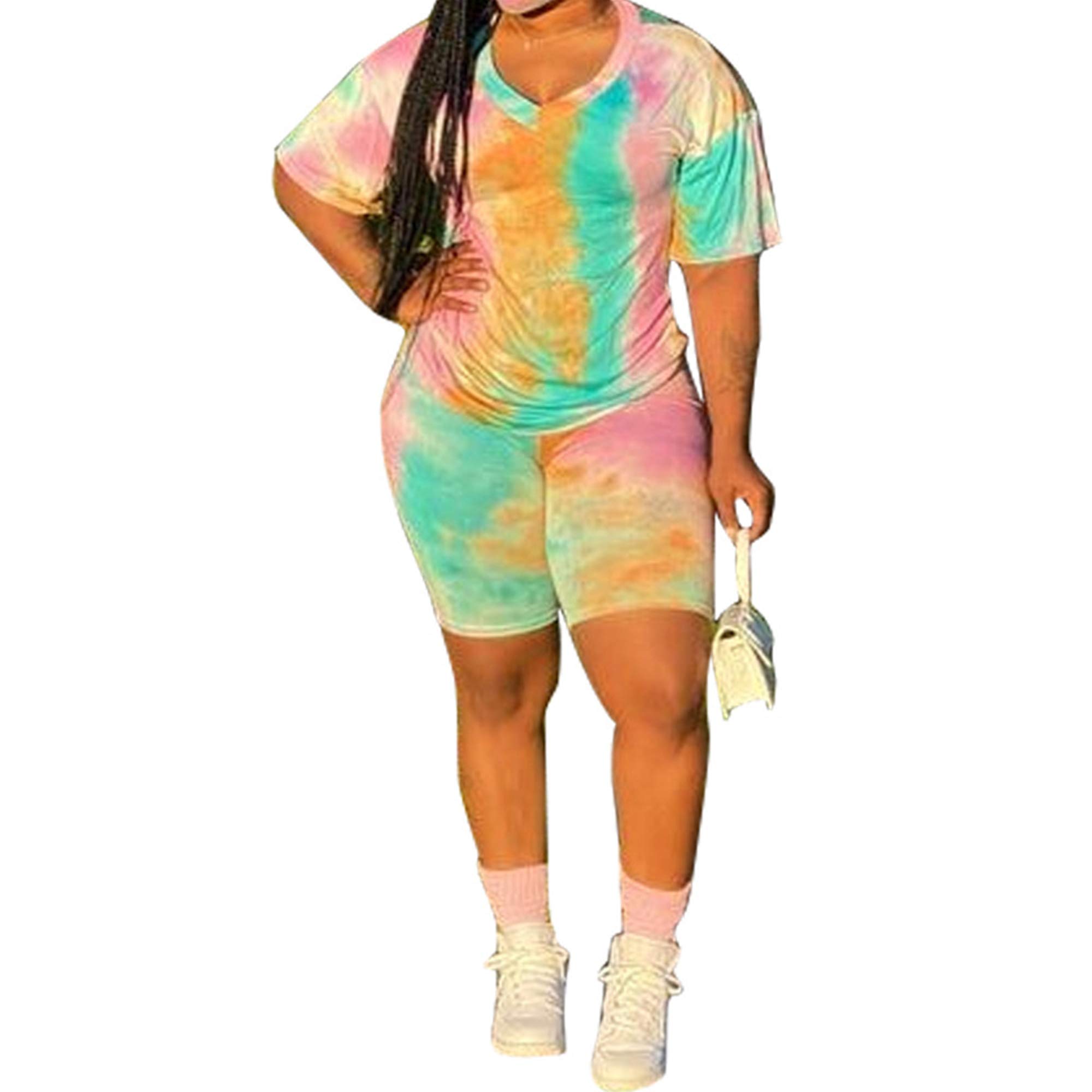 FANDEE Women's Plus Size Tie Dye Two Piece Outfit Set - Casual Summer Beachwear & Vacation Outfits for Women