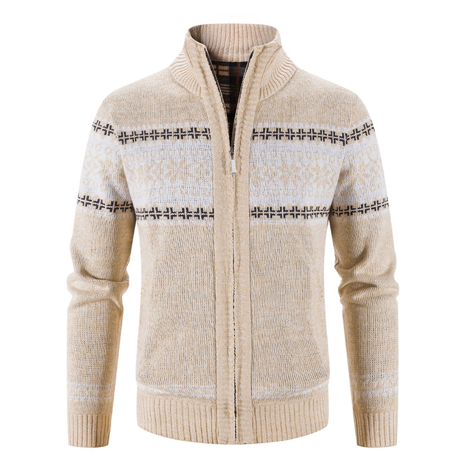 Men's Knit Jacket Coat - Casual Block Print Stand Collar Warm Cardigan Sweater with Zipper | Perfect for Fall & Winter Outdoor Activities, Office Wear, and Casual Outings