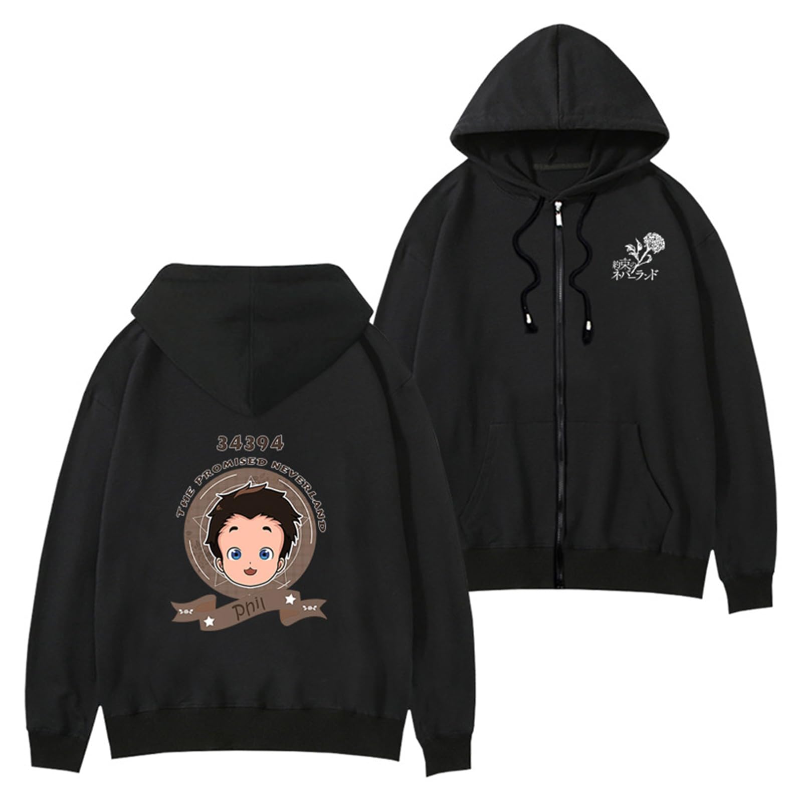 Jiminhope The Promised Neverland Anime Printed Hooded Jacket - Long Sleeve Zip Up Coat for Men & Women (Emma Cosplay Costume) | Perfect for Halloween, Comic Con & Anime Conventions