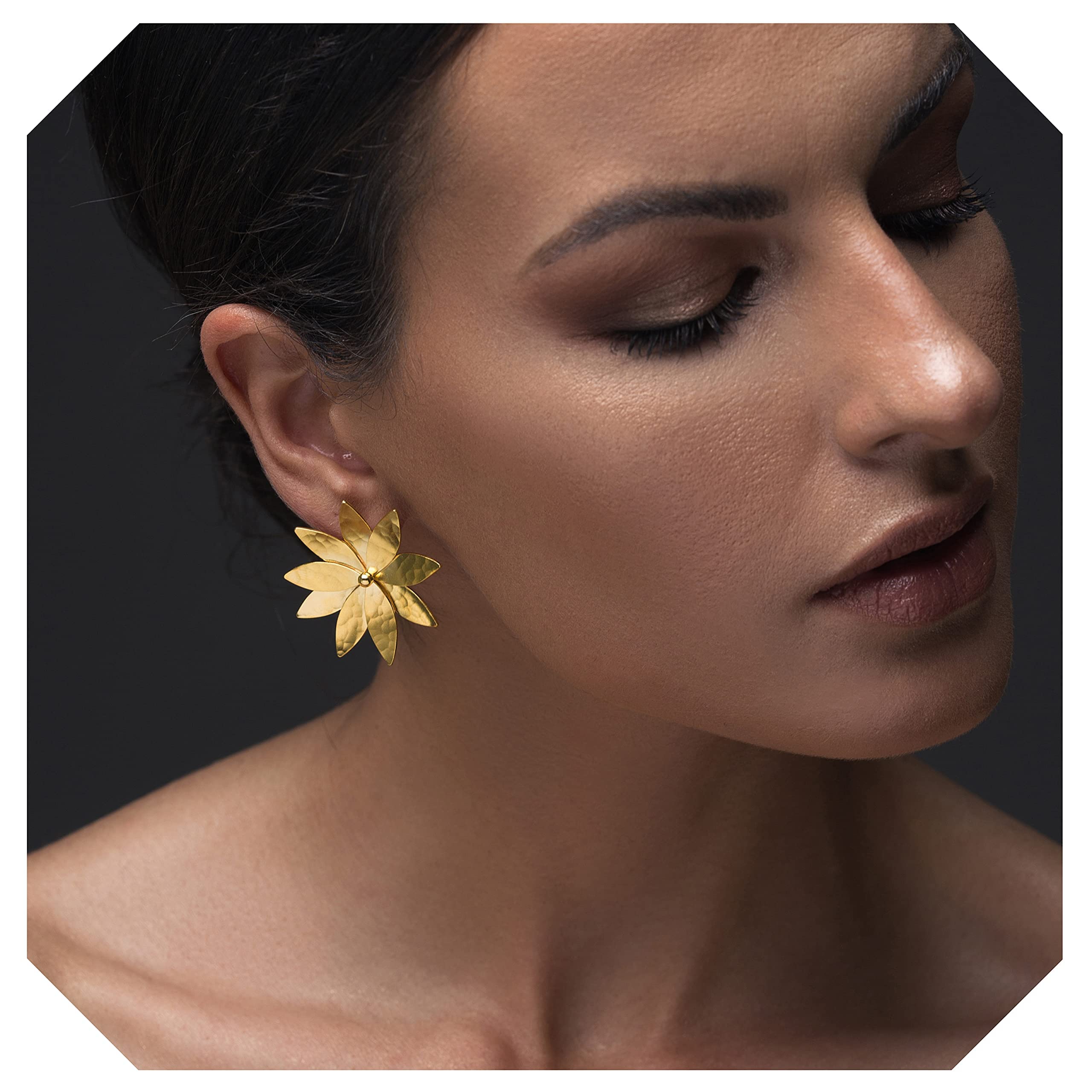 Handmade Sterling Silver Bohemian Stud Earrings with Gold Flower Design - Elegant Statement Jewelry for Women, Brides, Anniversary Gifts | Perfect for Weddings, Date Nights & Special Occasions