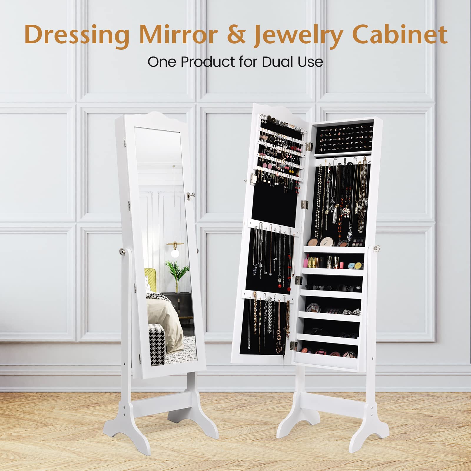Byroce Freestanding Jewelry Armoire with Full-Length Mirror - Lockable Jewelry Organizer Cabinet with 4 Adjustable Angles, Large Capacity Jewelry Storage for Women & Girls (White) | Perfect for Bedroom, Closet & Dressing Room Organization