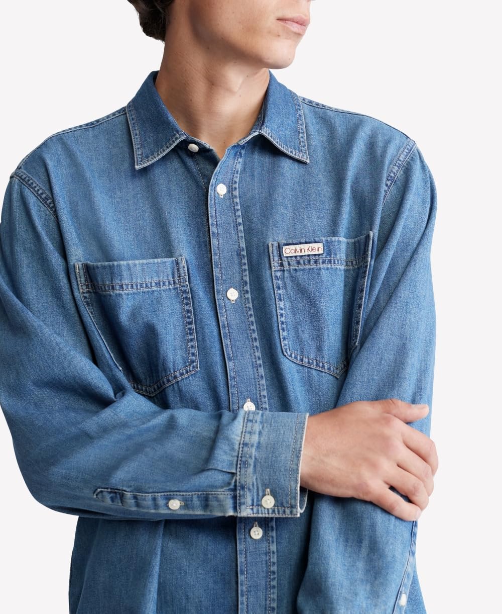 Calvin Klein Men's Classic Denim Long Sleeve Shirt for Casual Wear, Office & Date Night | Slim Fit Denim Shirt for Men