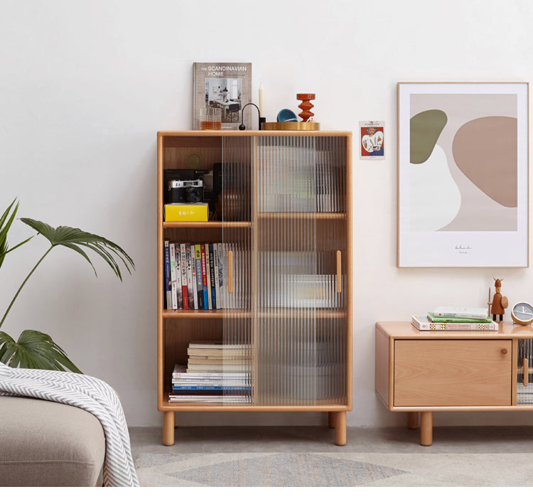 Solid Beech Wood Sliding Door Side Cabinet - Modern Storage Solution for Bedroom, Living Room & Office