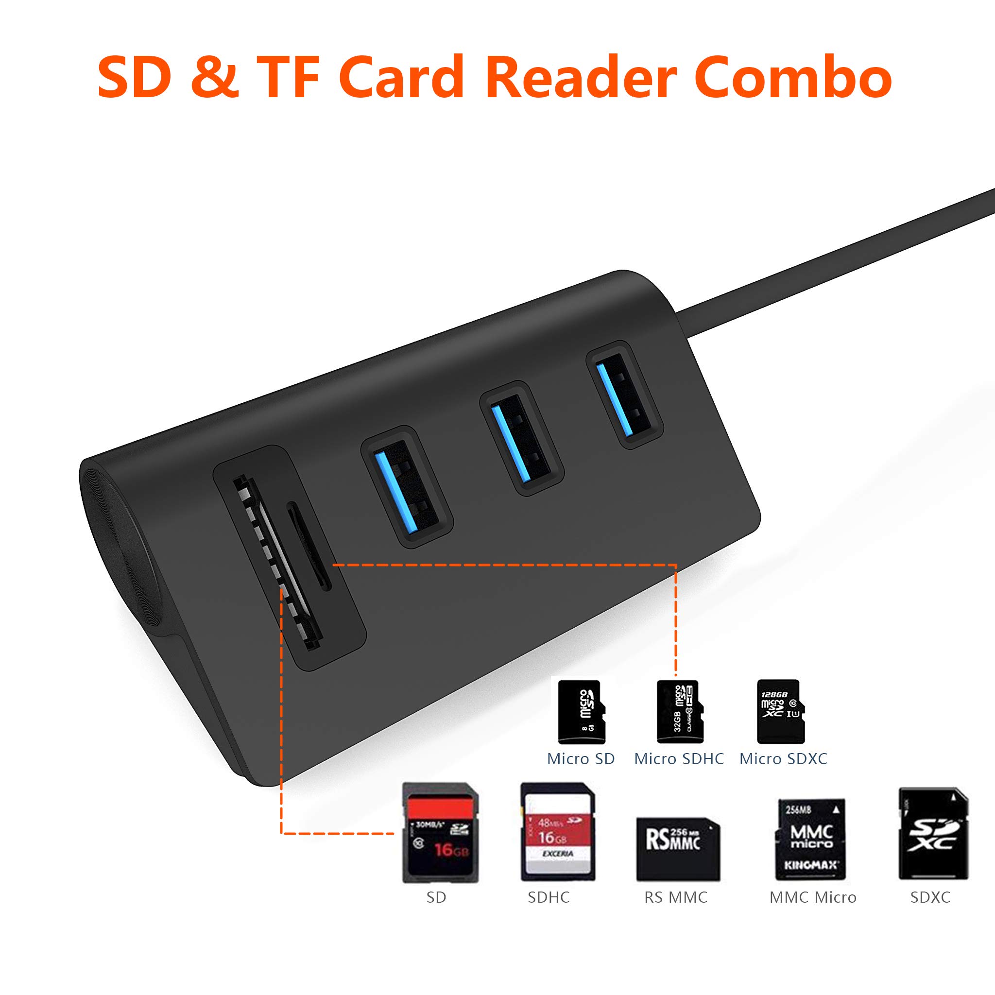 USB 3.0 Hub with 2-Slot Card Reader - 3-Port Aluminum USB Splitter for MacBook Pro/Air, iMac, PC & Laptop - High-Speed Data Transfer & Charging (Black) | Perfect for Home Office, Gaming Setup & Travel Accessories