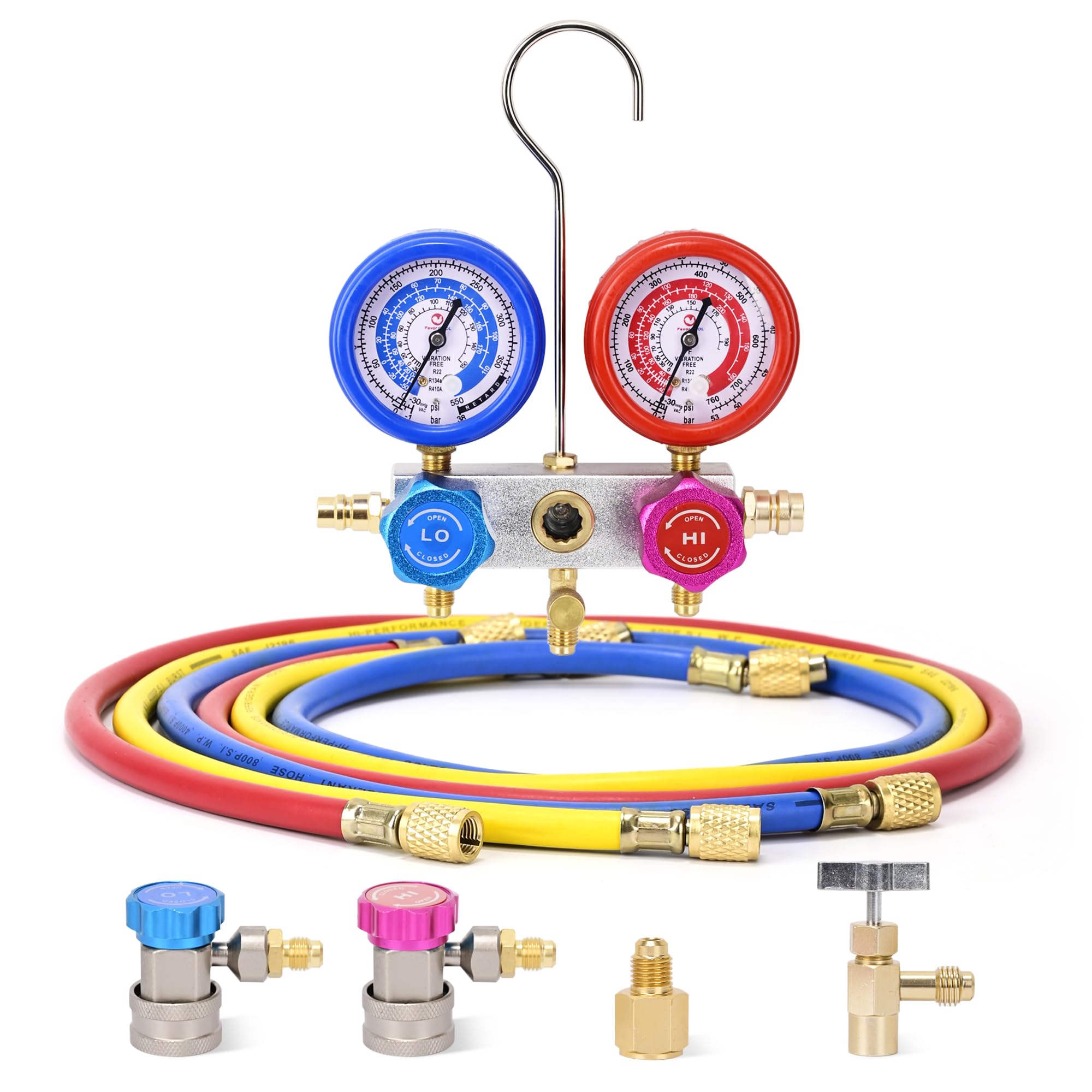**AC Gauges and Vacuum Pump Kit - 3 CFM 1/4 HP HVAC Vacuum Pump & R410a R134a R22 Manifold Gauge Set with 4FT Hoses, Adjustable Couplers, Adapter & Can Tap - Perfect for AC Repair, Refrigerant Charging & HVAC Maintenance**