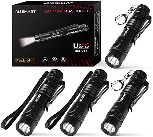 RISEMART Mini LED Flashlights (4 Pack) - Ultra Bright Waterproof Pocket Flashlight with Clip for Hiking, Camping, Emergency & Outdoor Adventures - Compact 3.5 Inch EDC Light for Keychain, Car, Home & Survival Kits