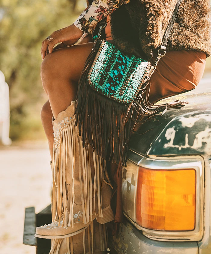 Montana West Genuine Leather Tooled Fringe Crossbody Bag for Women - Western Style Handbag with Adjustable Strap, Perfect for Daily Use, Travel, and Country Music Festivals