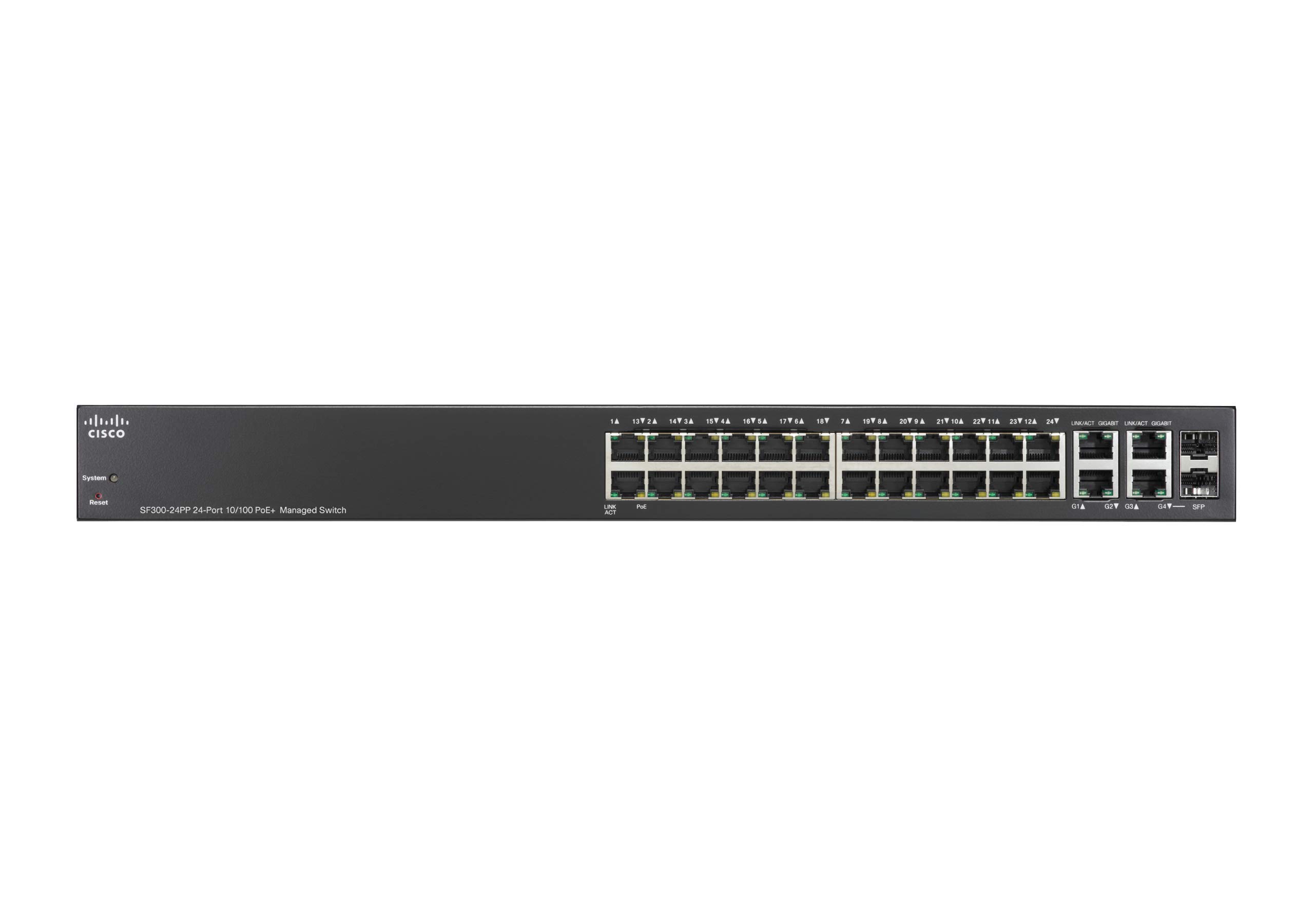 Cisco SF300-24PP-K9-NA 24-Port 10/100 PoE Managed Network Switch with Gigabit Uplinks | Small Business Enhanced Limited Hardware Warranty | Ideal for Office Networking, Surveillance Systems & VoIP Phone Setups | Remanufactured