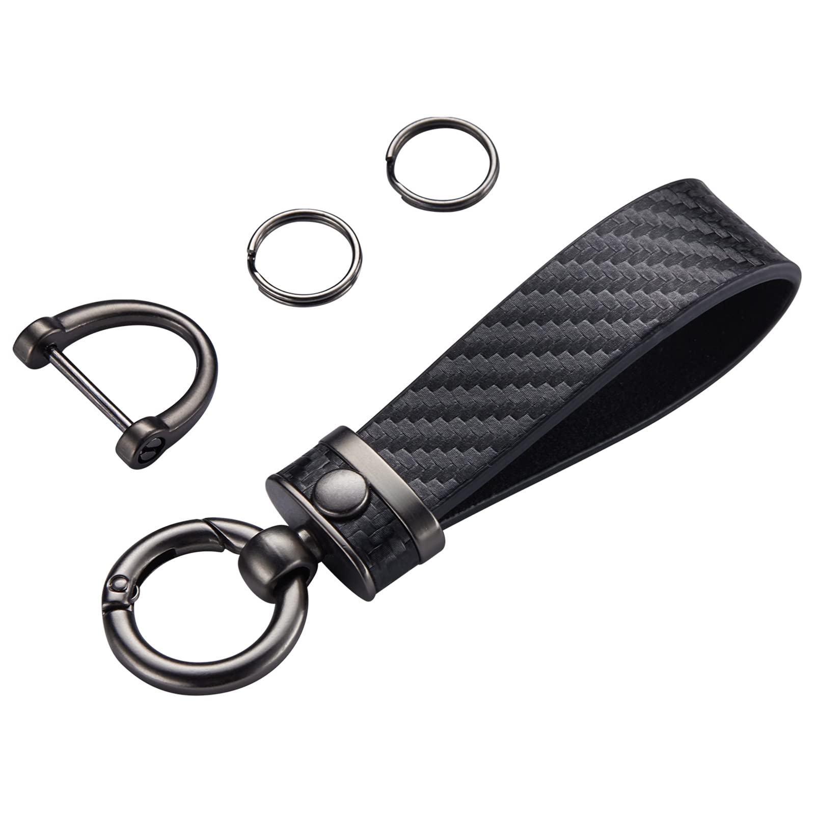Premium Carbon Fiber & Leather Keychain - Universal Rotating Key Fob Holder for Men & Women - 360° Swivel with Anti-Lost D-Ring - Perfect for Car Keys, House Keys & Office Keys (Black)