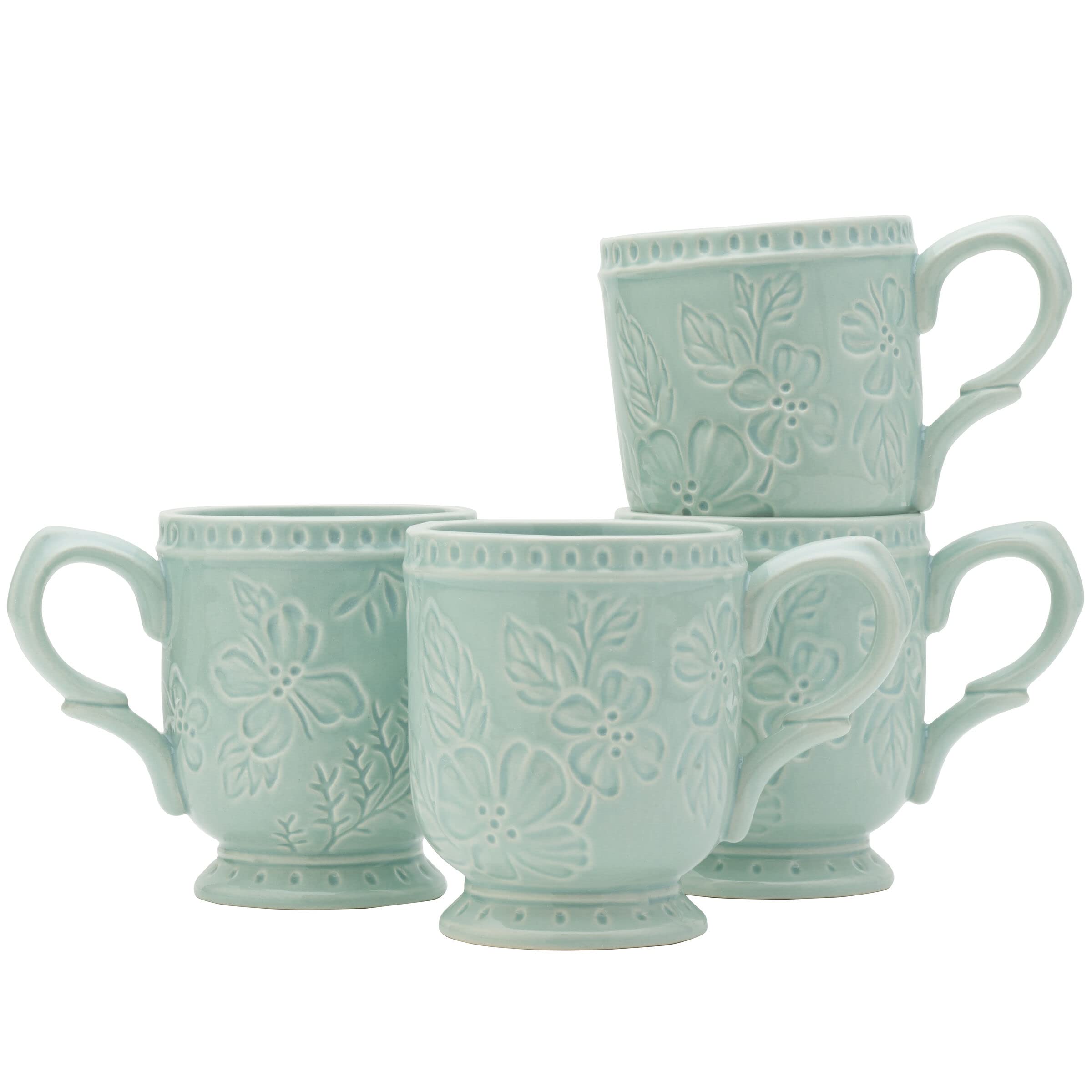 Fitz and Floyd English Garden 12 oz Blue Ceramic Coffee Mugs - Set of 4 Floral Tea Cups for Afternoon Tea, Gift Giving & Home Decor