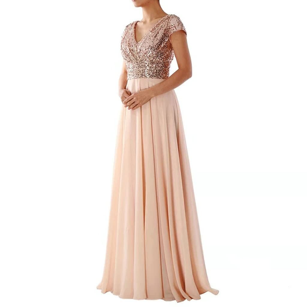 Elegant V-Neck Sequin Chiffon Evening Gown - Slim Fit Long Formal Dress for Women | Perfect for Prom, Wedding, and Special Occasions (Color: A, Size: M)