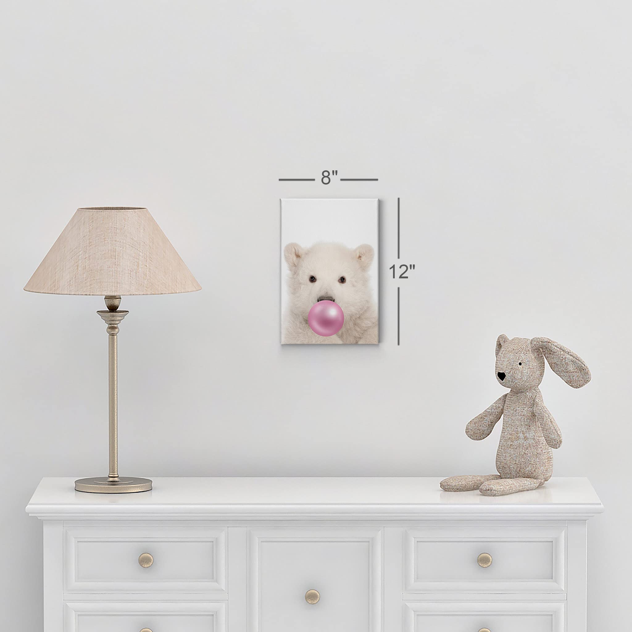 Polar Bear Chewing Pink Bubble Gum Canvas Wall Art Print - 36x24 - Smile Art Design Animal Pop Art for Office, Living Room, Bedroom & Nursery Decor - Perfect for Kids Rooms & Modern Home Interiors