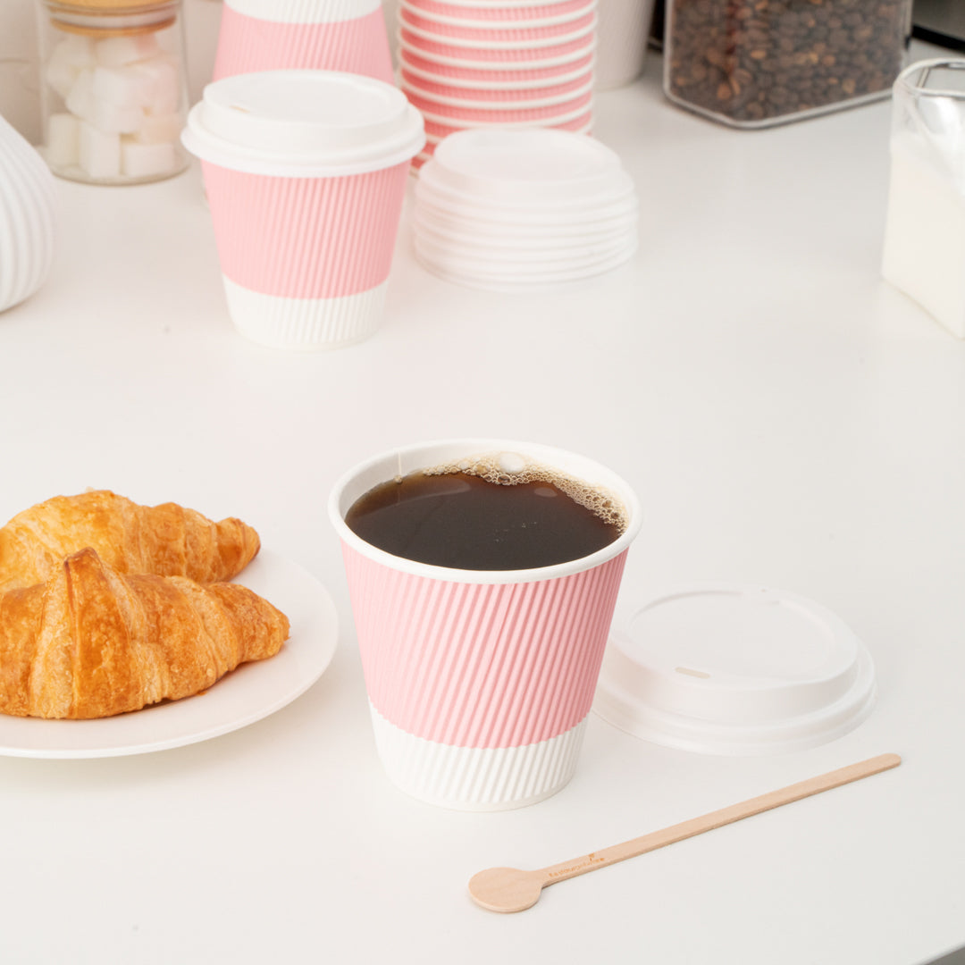 8 oz Light Pink Ripple Wall Coffee Cups with White Lids - 3.5